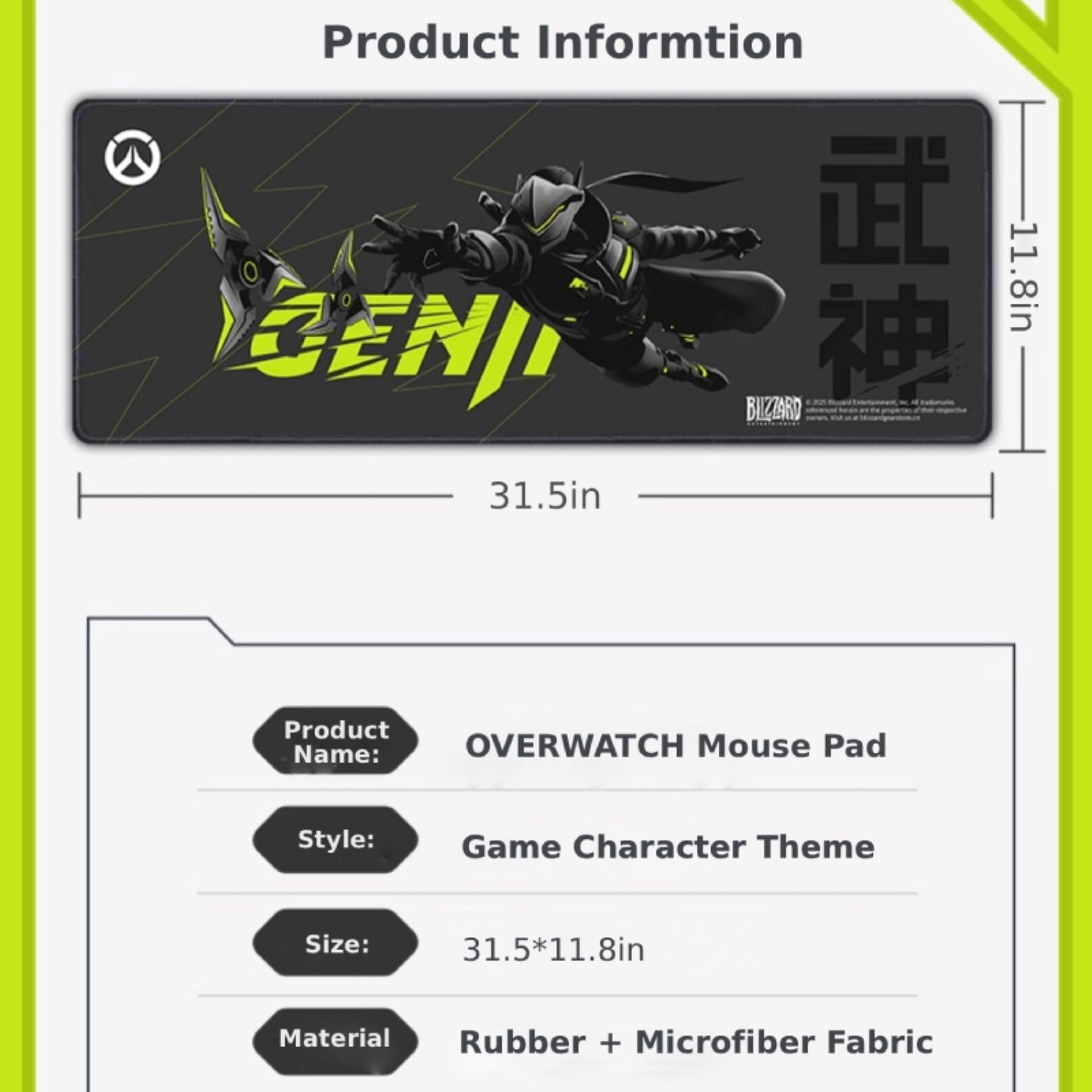 Overwatch Gaming Mouse Pad Product Info: 31.5x11.8in, Rubber + Microfiber Fabric Blizzard Character Themed Desk Mat