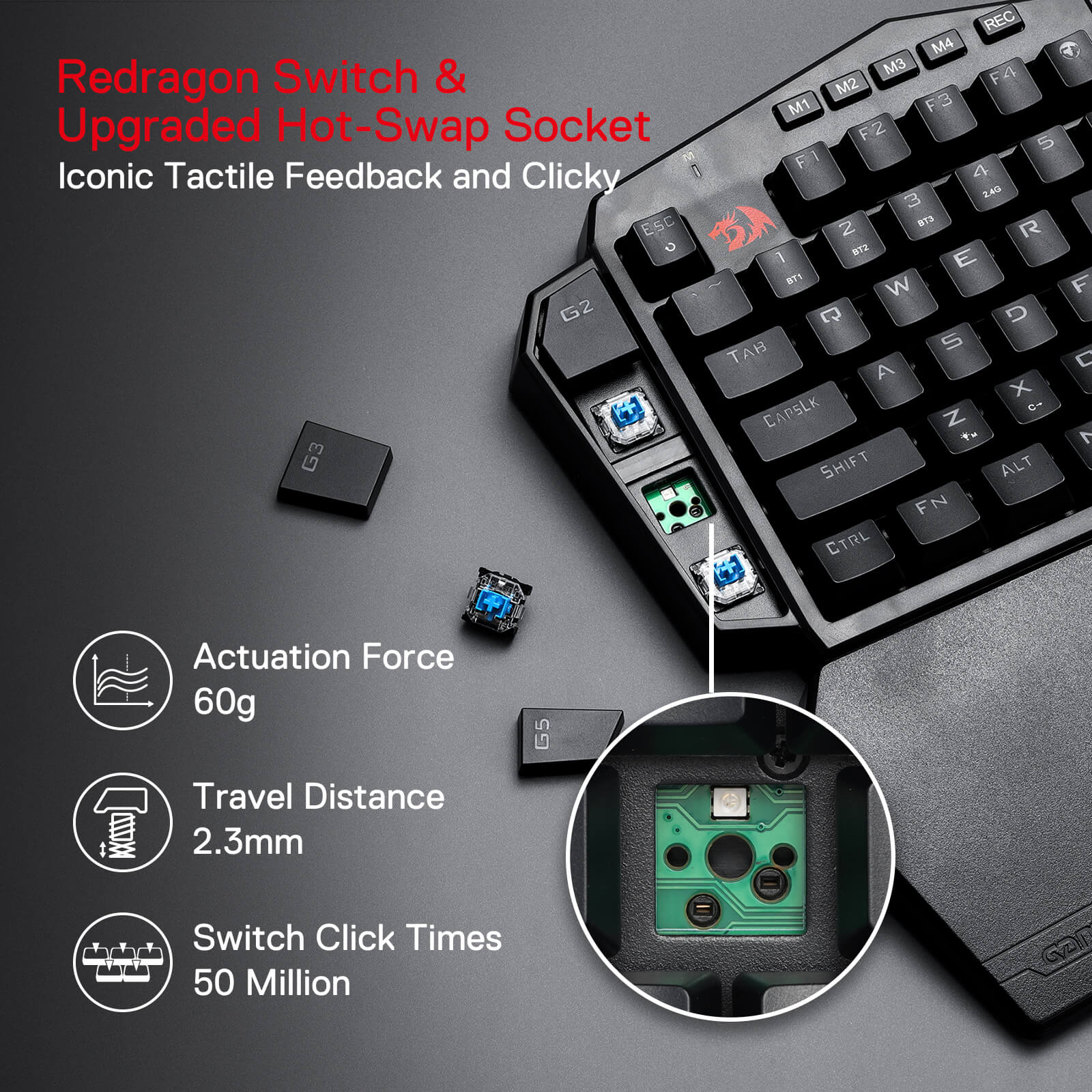 Redragon K585 PRO Wireless One-Handed Mechanical Keyboard, 42 Keys 3-Mode RGB 40% Gaming Keypad w/ 7 Onboard Macro Keys, Detachable Wrist Support, Durable Battery