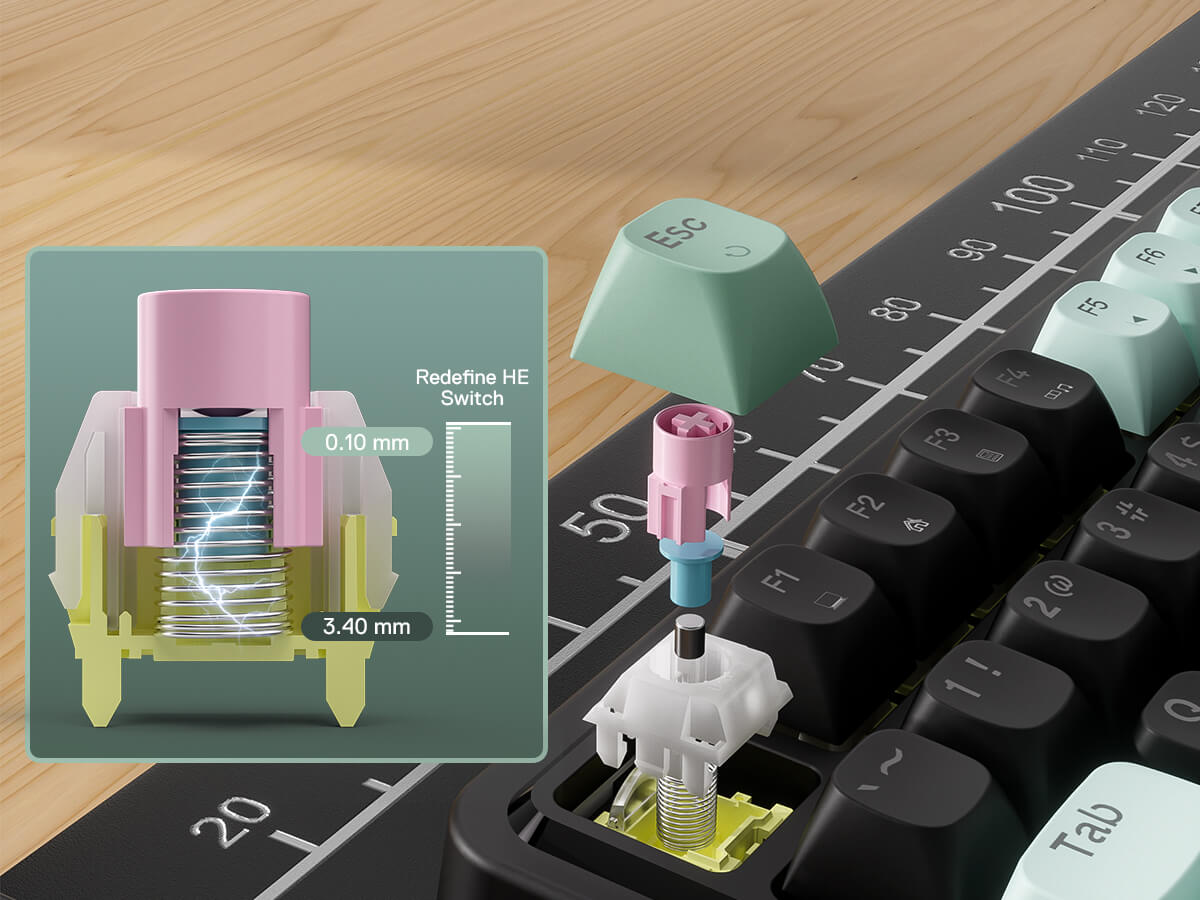 Close-up of a mechanical keyboard switch mechanism with a detailed diagram on a wooden surface.