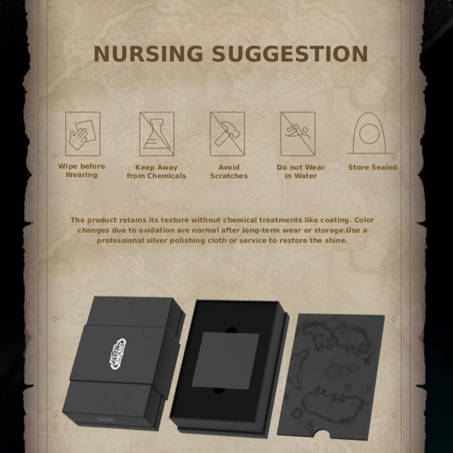 Set against an aged parchment-style background, this "NURSING SUGGESTION" guide lists 5 care tips (e.g., wipe before wearing, avoid water) with icons, plus notes on normal oxidation; below, a branded black box and storage pouch are shown.