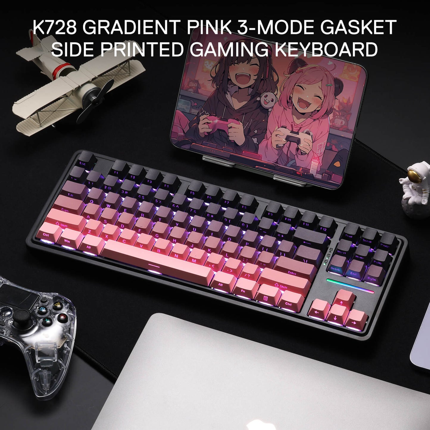 Redragon K728 PRO 80% Wireless Gasket Gaming Keyboard, 3-Mode 87 Keys TKL Mechanical Keyboard w/South-Facing LED & Hot-Swap Socket, 5-Layer Noise Dampening, Custom Linear Switch, PBT Gradient Keycaps
