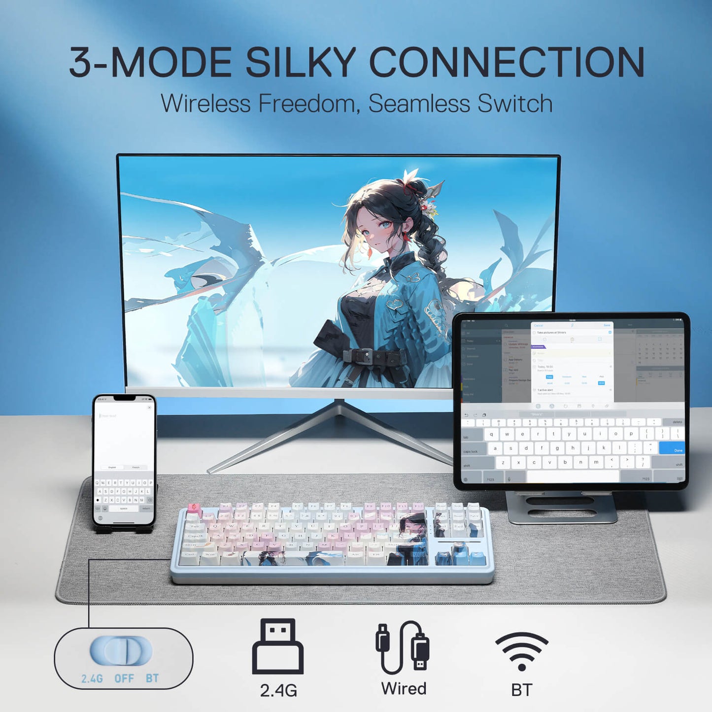 Redragon K728 PRO SE 80% 87 Keys Wireless Gasket RGB Gaming Keyboard, 3-Mode Anime Mechanical Keyboard w/Hot-Swap Socket, Dedicated Knob Control & 5-Layer Noise Dampening, Custom Hi-Fi Linear Switch