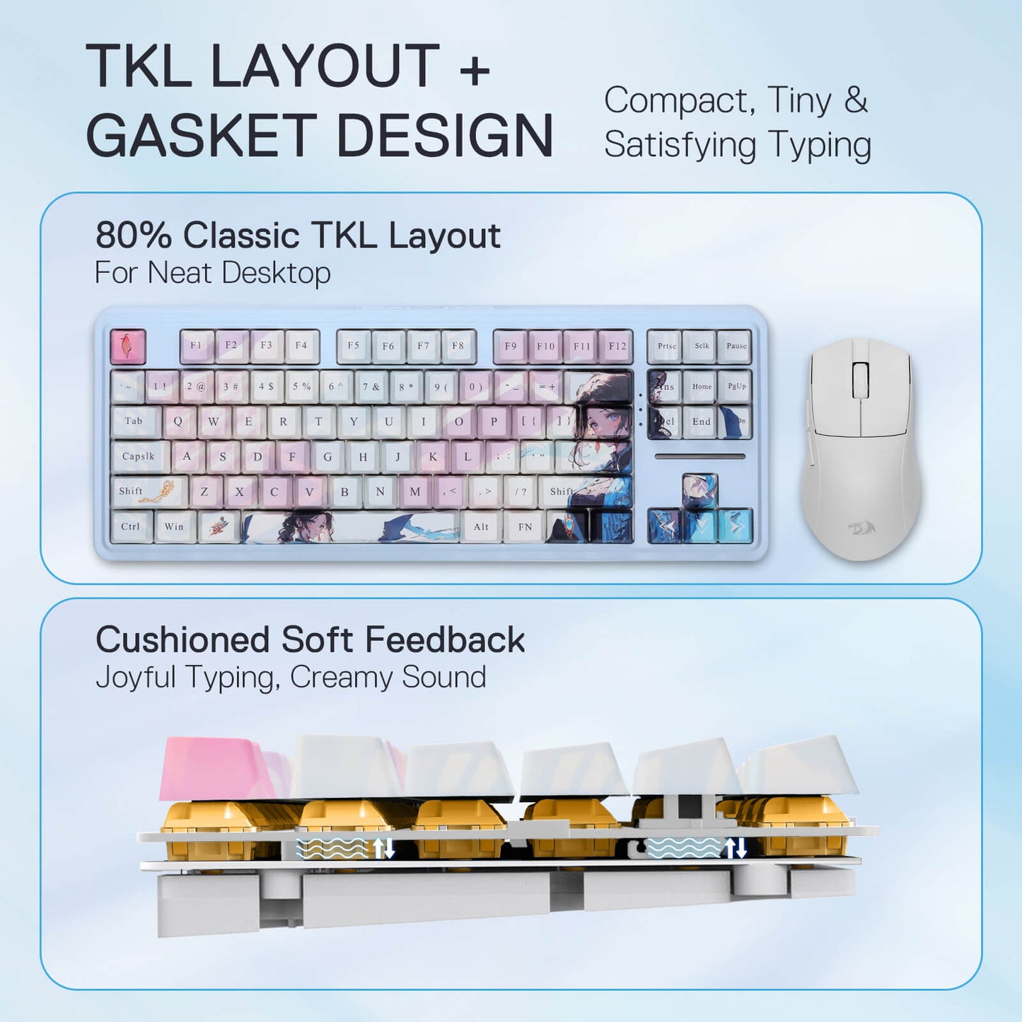 Redragon K728 PRO SE 80% 87 Keys Wireless Gasket RGB Gaming Keyboard, 3-Mode Anime Mechanical Keyboard w/Hot-Swap Socket, Dedicated Knob Control & 5-Layer Noise Dampening, Custom Hi-Fi Linear Switch