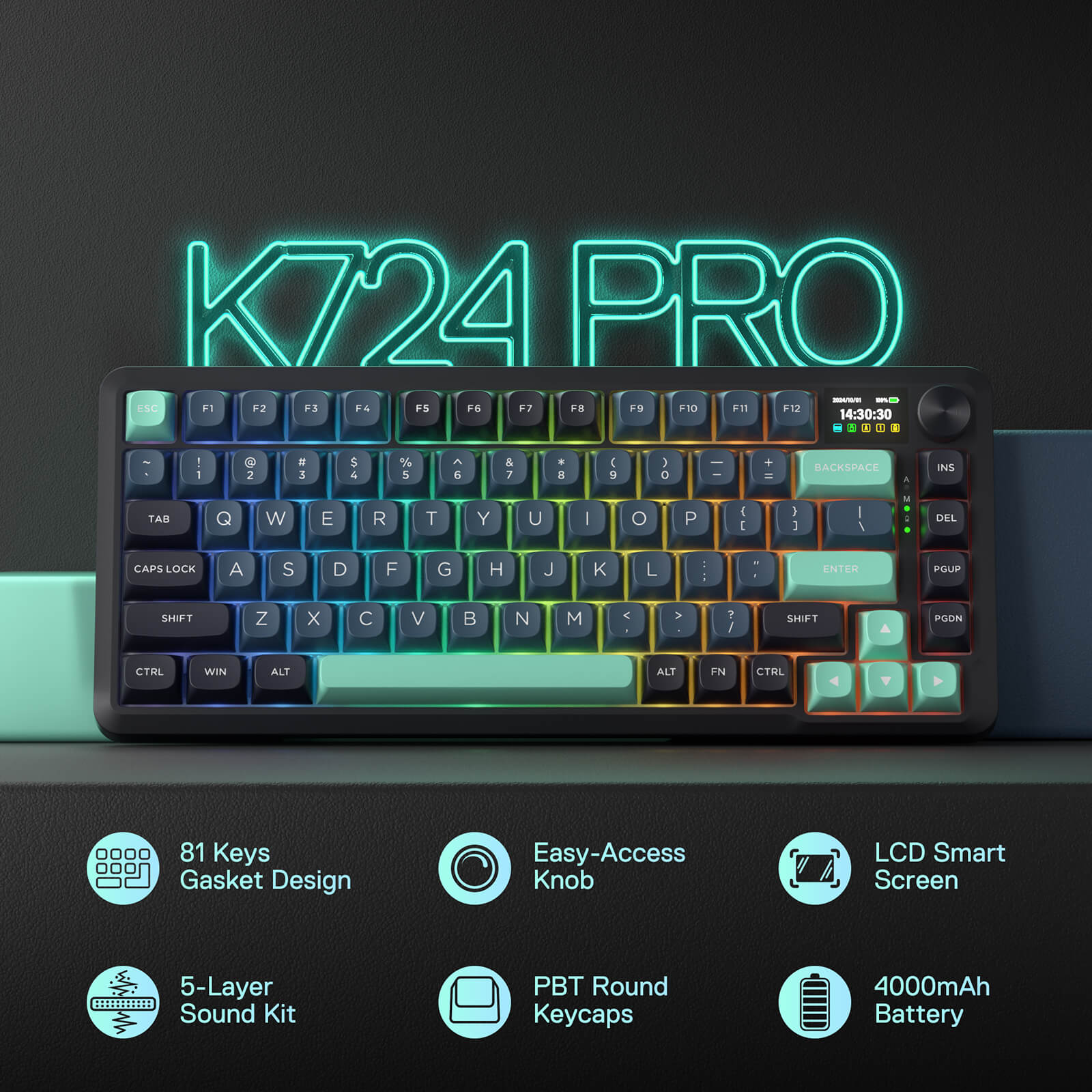 Redragon K724 PRO Wireless Gasket Gaming Keyboard w/Hype Screen & Knob, 81-Key Mechanical Keyboard, Easy-Control 1.14’’ TFT Info Display, 5-Layer Noise Dampening, Custom Linear Switch, Blue and Black