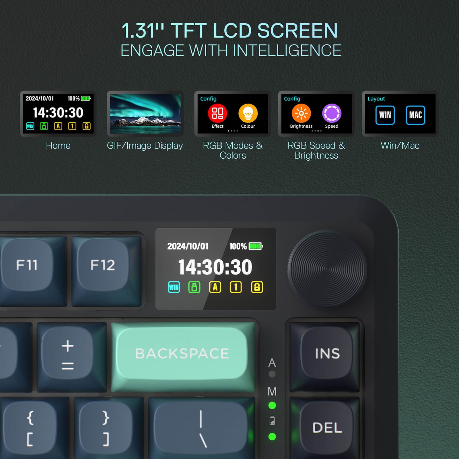 Redragon K724 PRO Wireless Gasket Gaming Keyboard w/Hype Screen & Knob, 81-Key Mechanical Keyboard, Easy-Control 1.14’’ TFT Info Display, 5-Layer Noise Dampening, Custom Linear Switch, Blue and Black