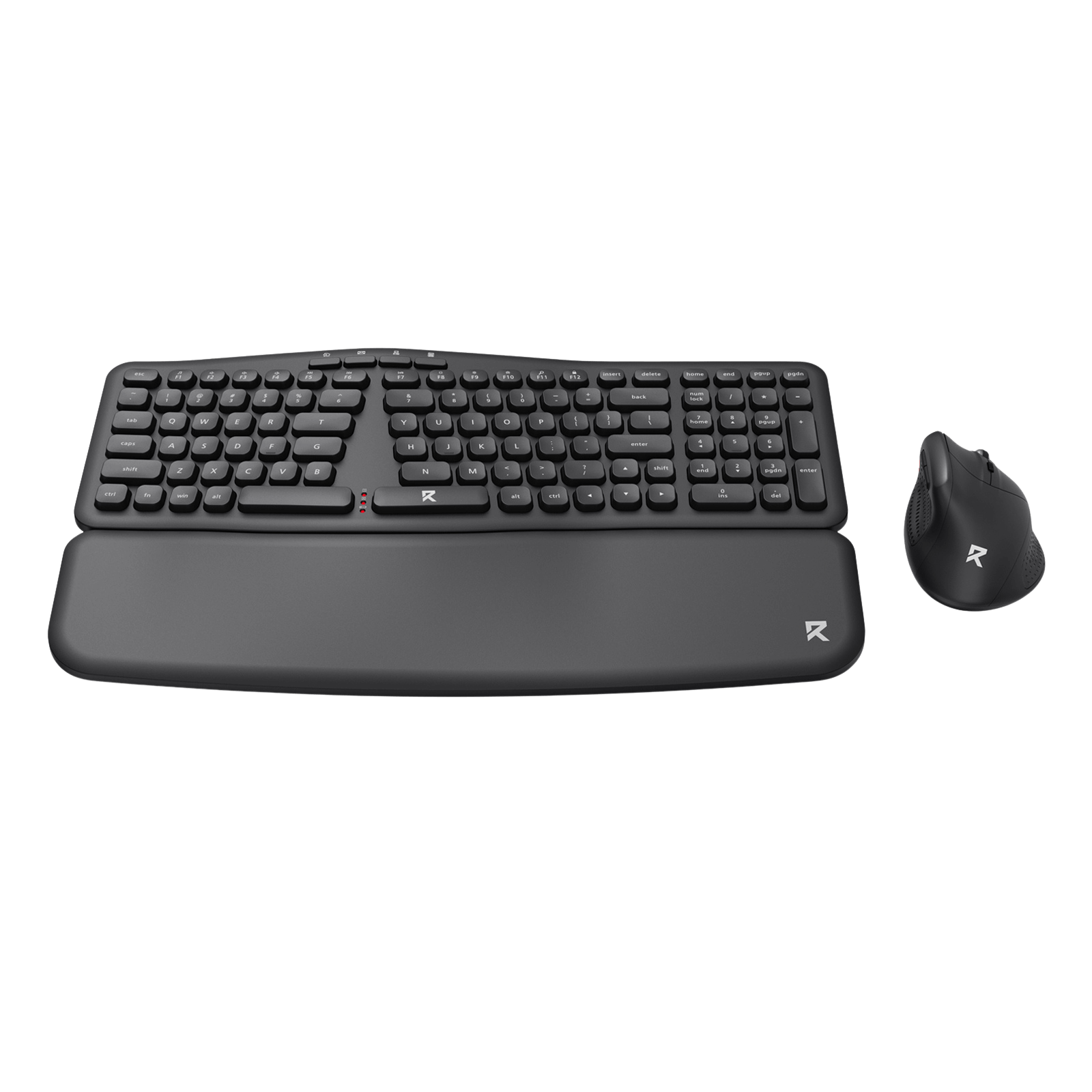 Black ergonomic keyboard and mouse set on a white background