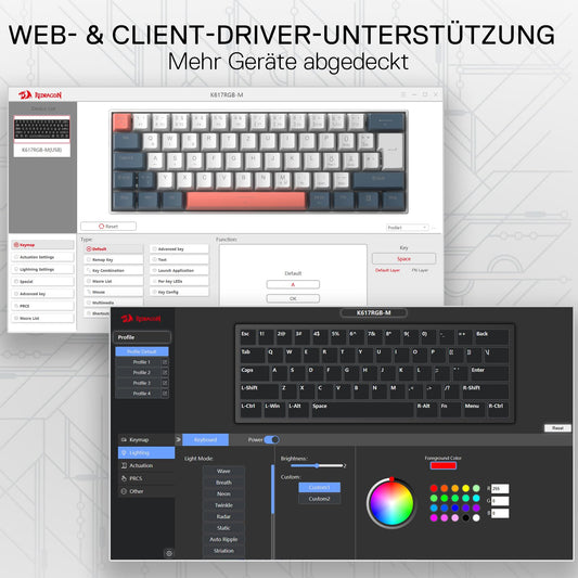 Promotional graphic for a keyboard software suite showing screenshots of a web and client-driver interface supporting multiple devices. The layout includes a white control panel at upper left, a dark control panel at lower right, and German headline text at the top reading 'WEB- & CLIENT-DRIVER-UNTERSTÜTZUNG' and 'Mehr Geräte abgedeckt'.