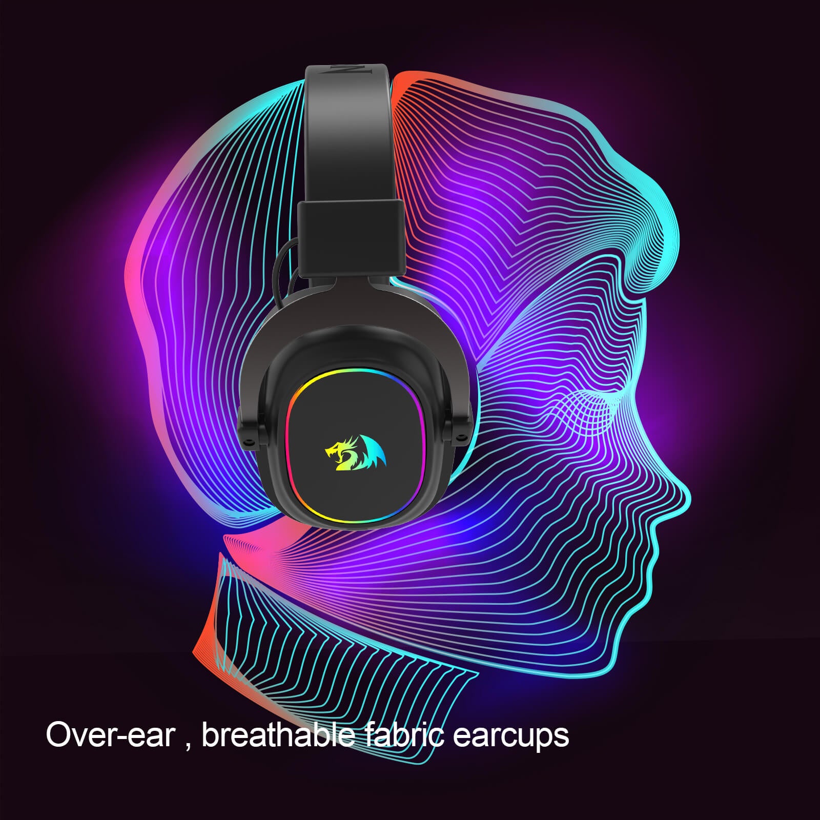 Gaming headset with colorful design on a dark background