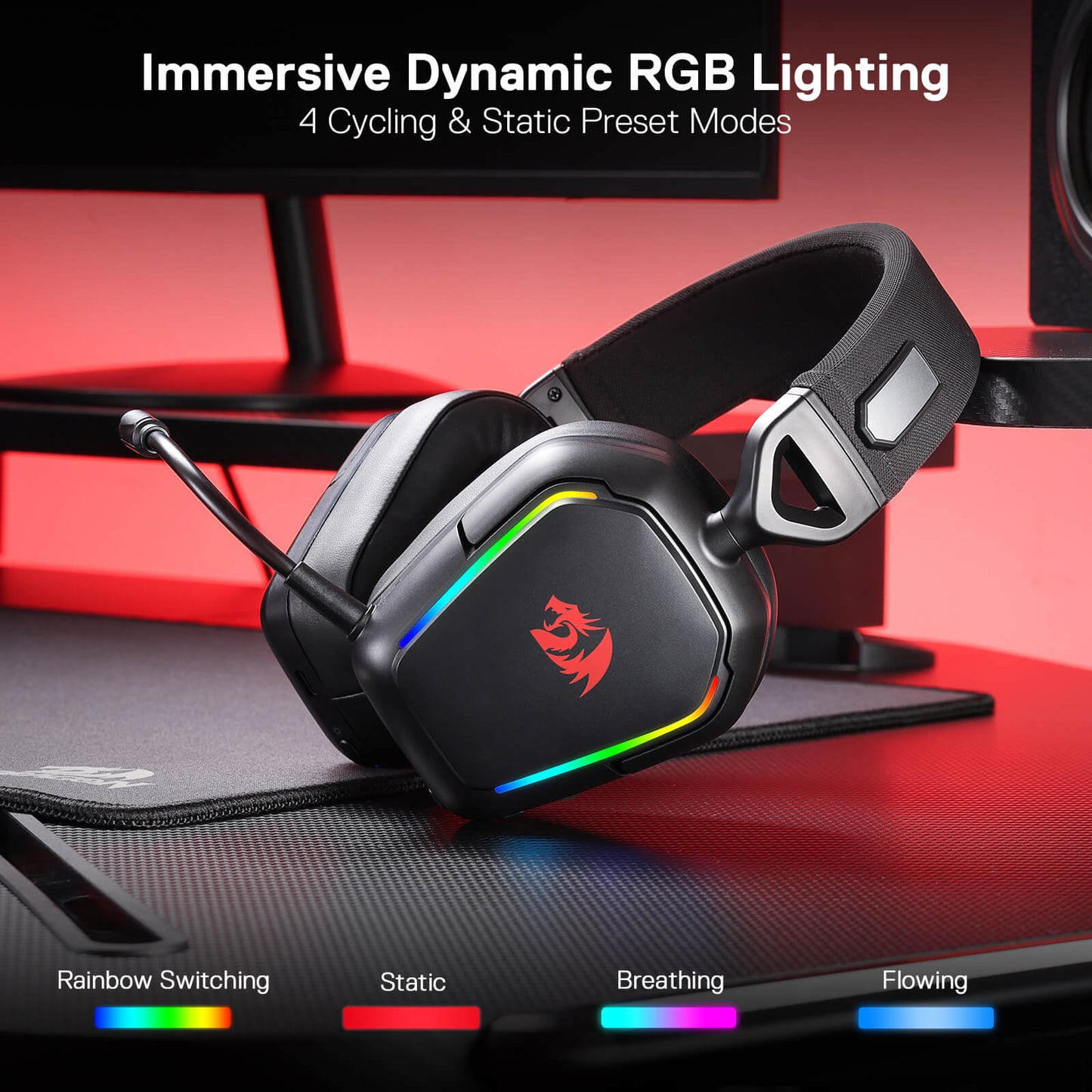 Redragon H868 3-Mode Wireless RGB Gaming Headset, 7.1 Surround Sound, 40 mm Drivers, Leather Foam Ear Pads, Noise-canceling Microphone, Over-Ear Headphones Works for Mobile, PC/PS5/XBOX/NS