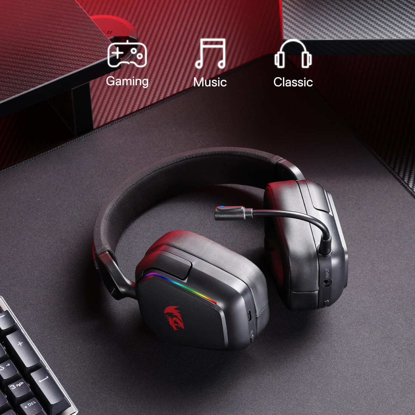Redragon H868 3-Mode Wireless RGB Gaming Headset, 7.1 Surround Sound, 40 mm Drivers, Leather Foam Ear Pads, Noise-canceling Microphone, Over-Ear Headphones Works for Mobile, PC/PS5/XBOX/NS