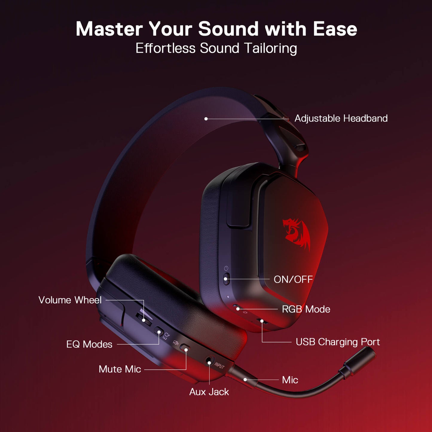 Redragon H868 3-Mode Wireless RGB Gaming Headset, 7.1 Surround Sound, 40 mm Drivers, Leather Foam Ear Pads, Noise-canceling Microphone, Over-Ear Headphones Works for Mobile, PC/PS5/XBOX/NS