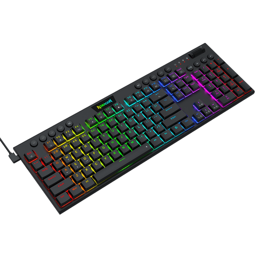 A black mechanical gaming keyboard with vibrant RGB rainbow backlighting, shown at an angle on a solid black background.