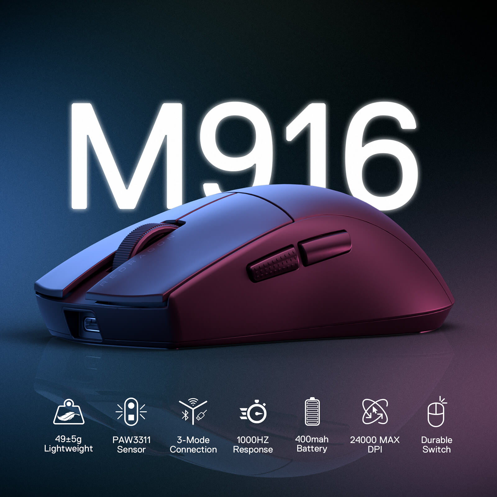 Redragon M916 STD 3-Mode Wireless Gaming Mouse, 49G Ultra-Light 24K DPI Mice w/Ergonomic Natural Grip Build, Full Programmable Buttons, Software Supports DIY Keybinds & DPI