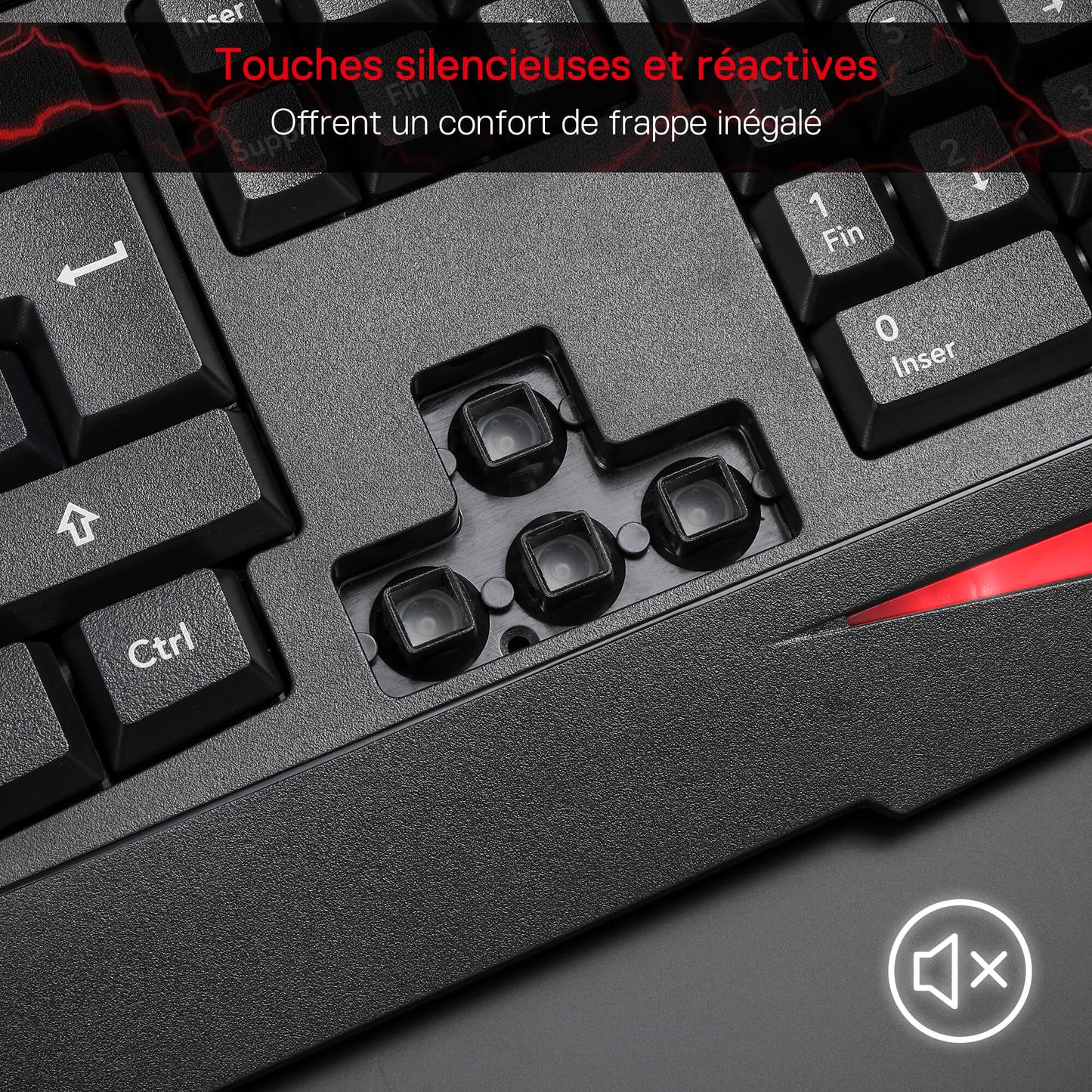 Close-up of a mechanical keyboard with red accents and text in French about silent and reactive keys.