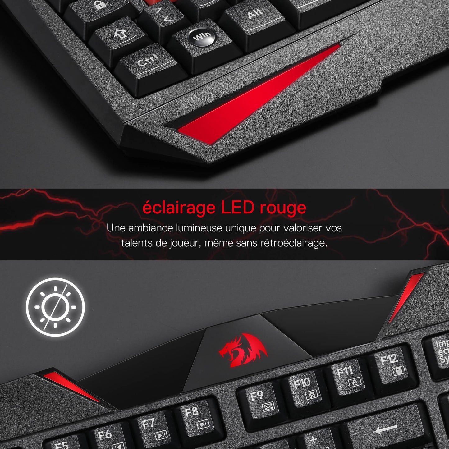 Close-up of a gaming keyboard with red accents and text about LED lighting.