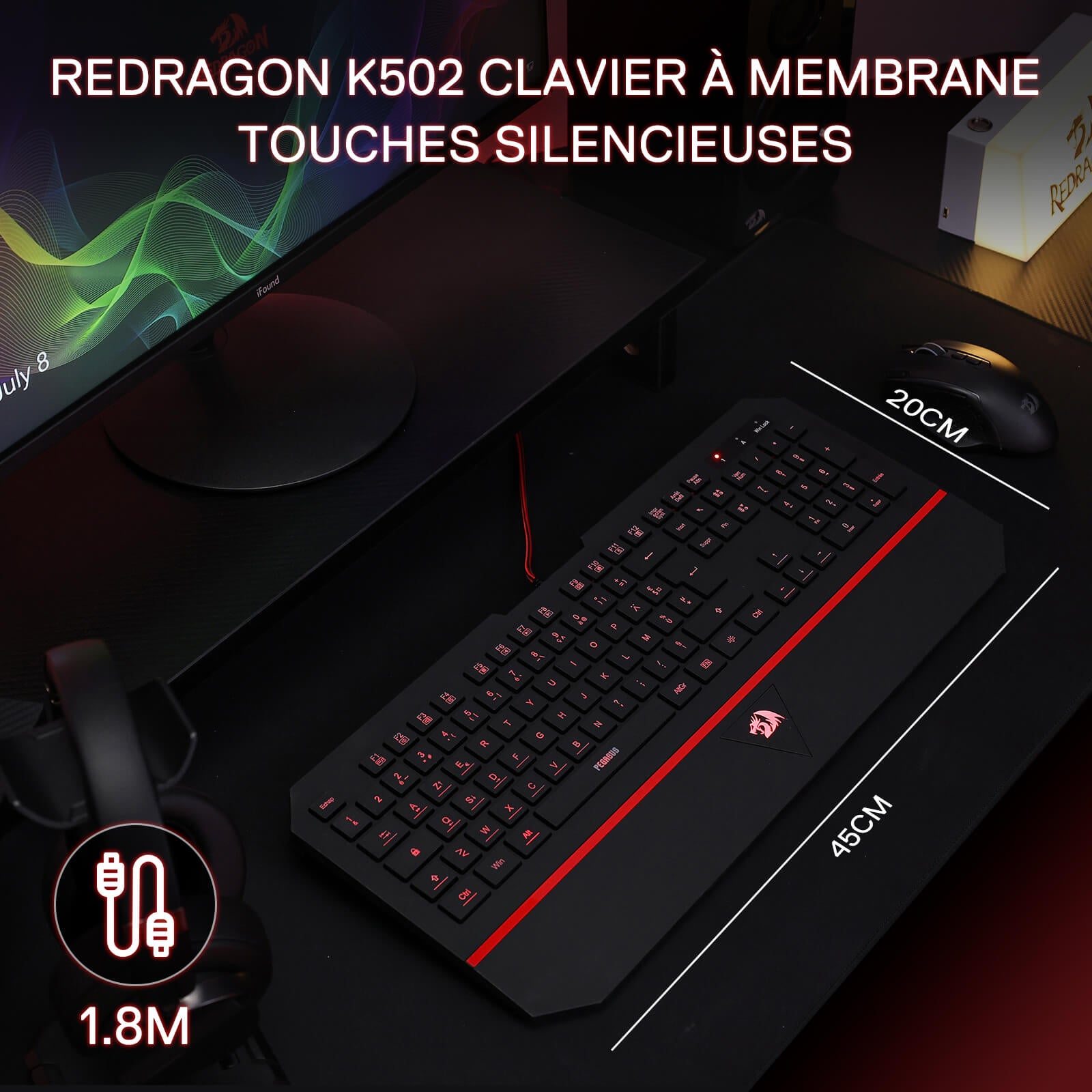Redragon K502 keyboard on a desk with monitor and mouse, featuring product details.