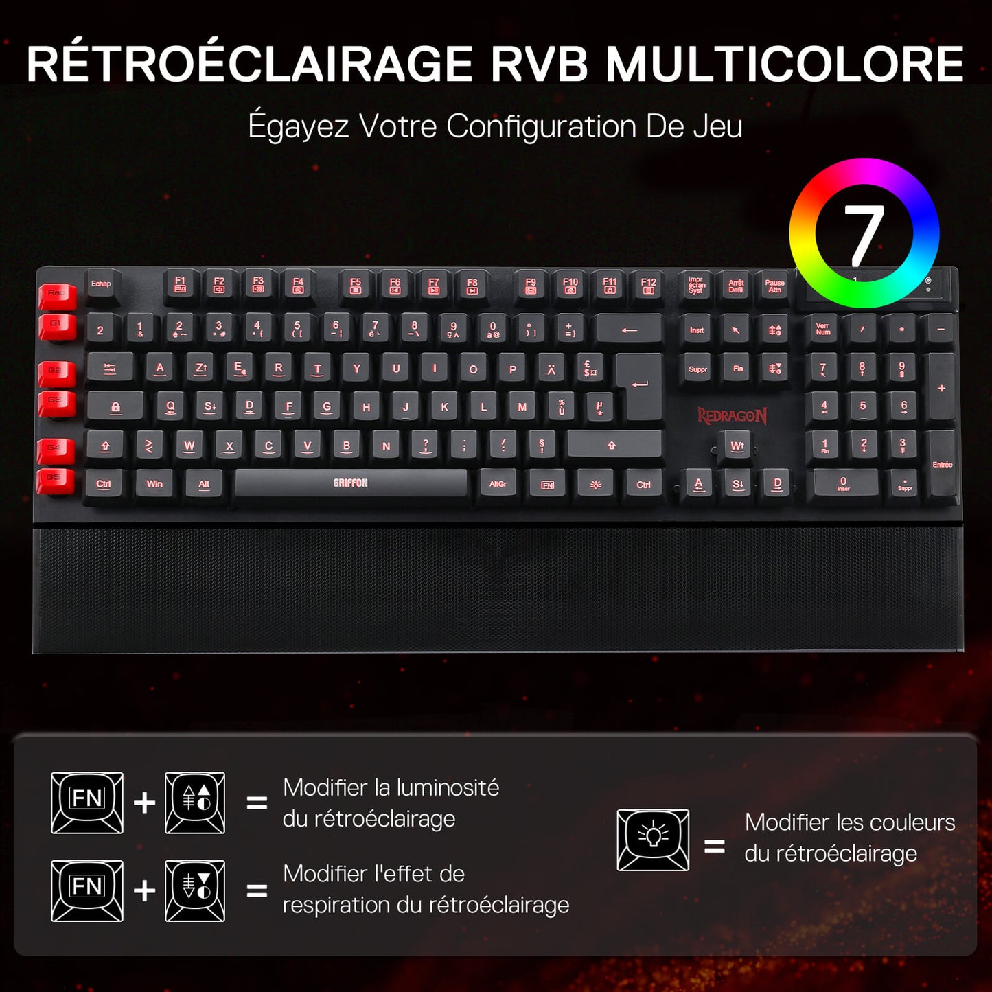Gaming keyboard with RGB lighting on a dark background