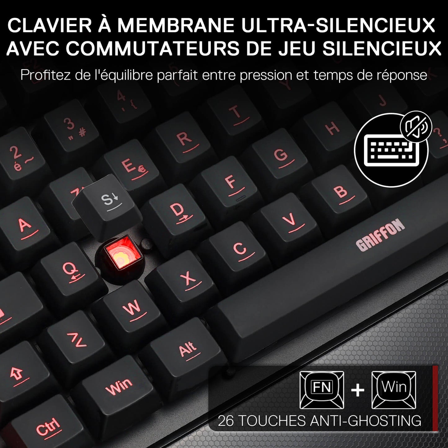 Mechanical keyboard with silent switches and Griffon branding on a dark background
