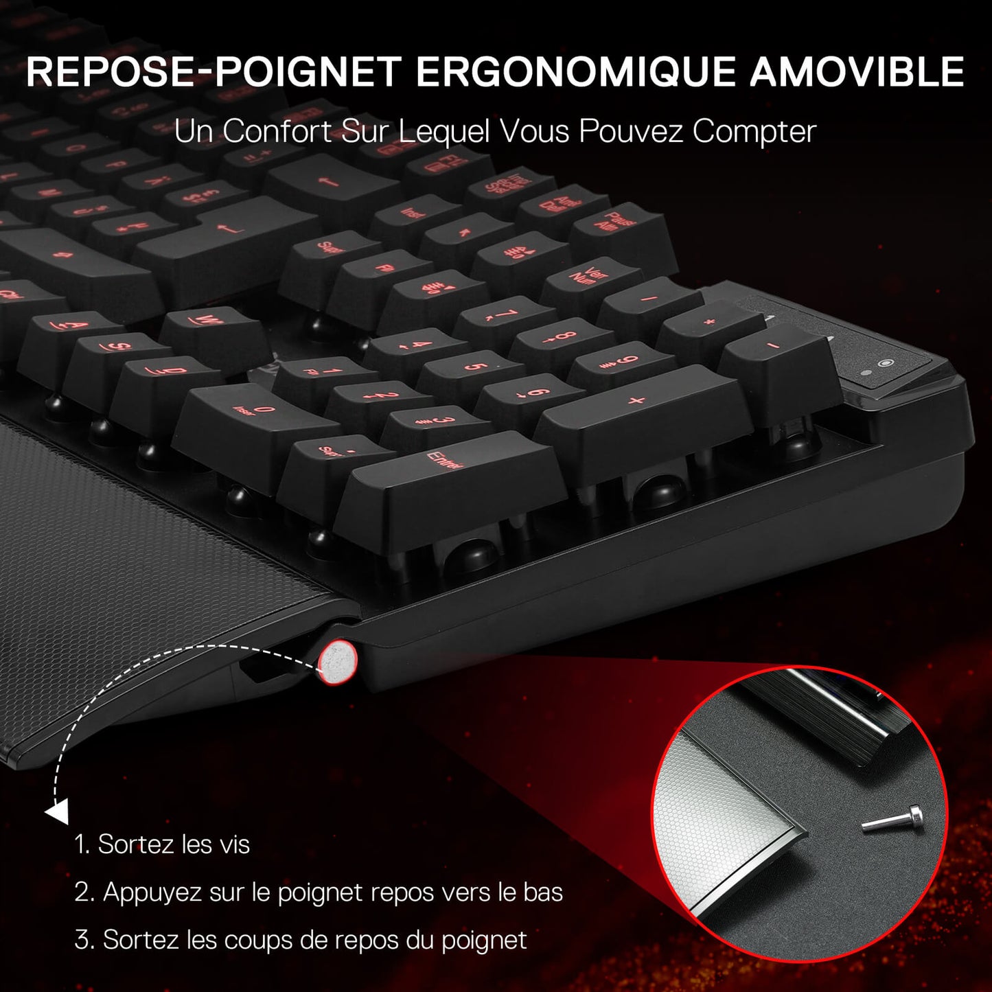 Black ergonomic keyboard with detachable wrist rest on a dark background