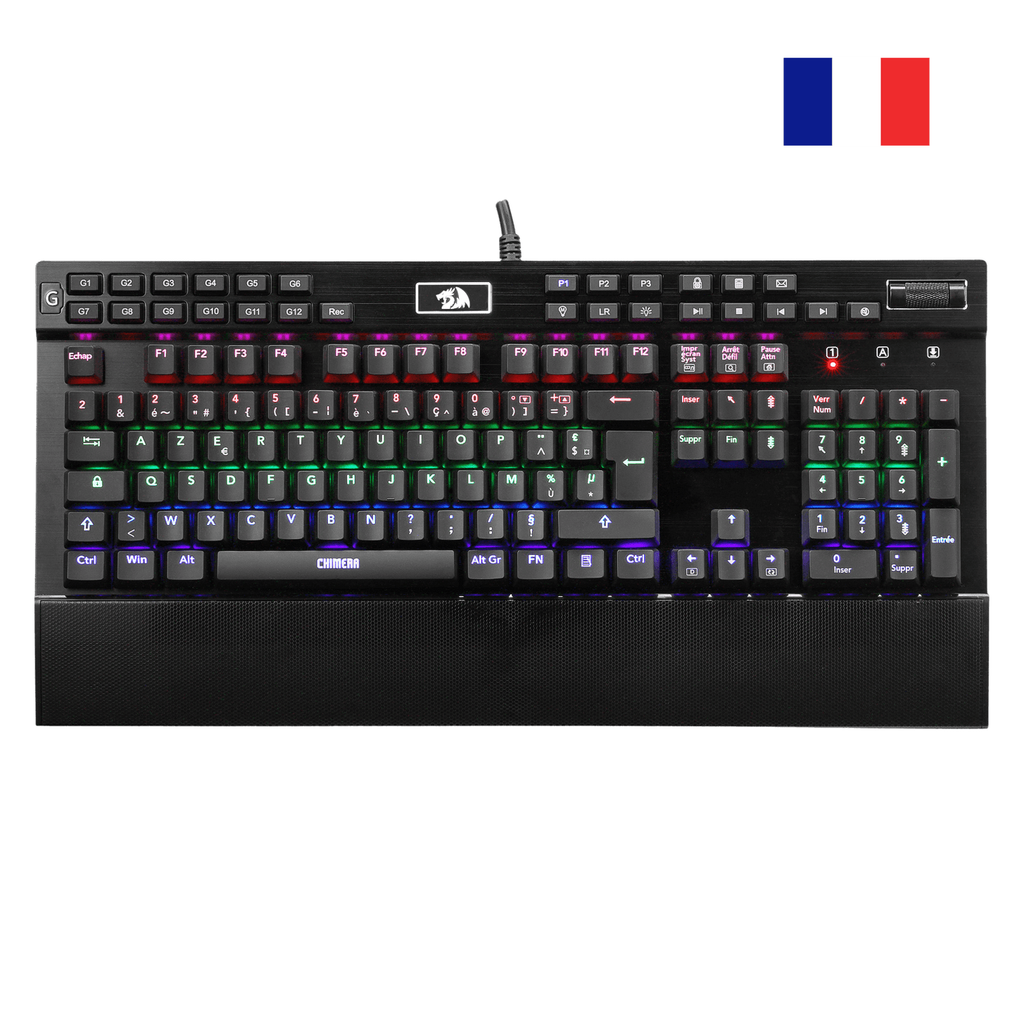 Redragon K550 RGB AZERTY Gaming Keyboard, 104 Keys + 12 Macro G Keys, Wired Mechanical Keyboard, Aluminium Top Plate, Purple Clickable Switch, 2 USB Ports, Wrist Rest, Black