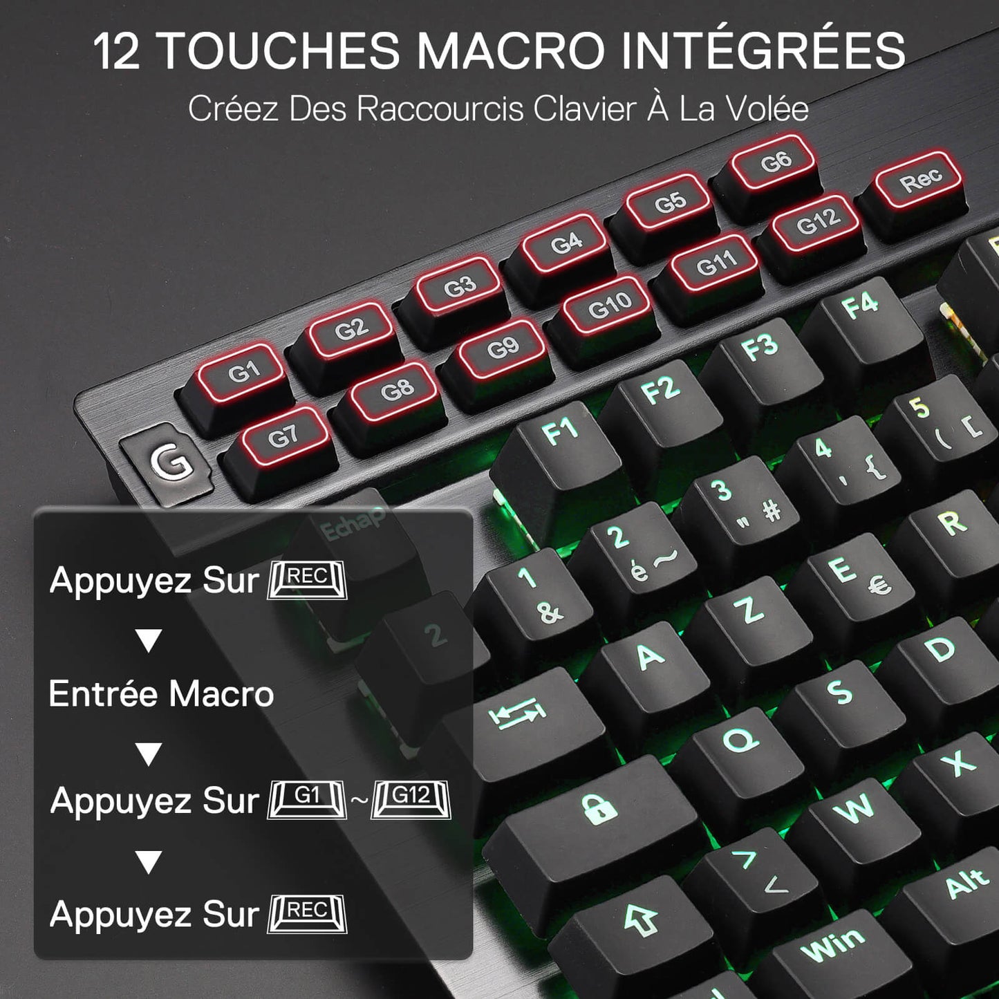 Keyboard with macro keys labeled G1 to G12 on a dark background
