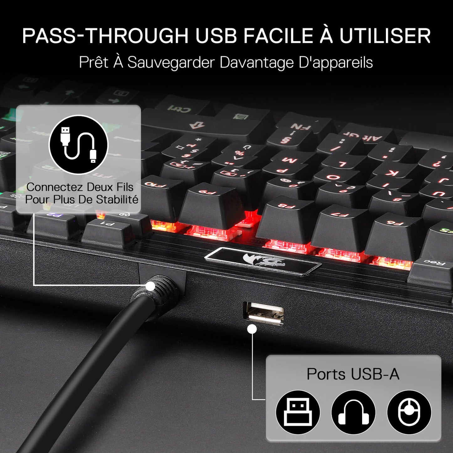 Mechanical keyboard with USB cable connection on a dark background