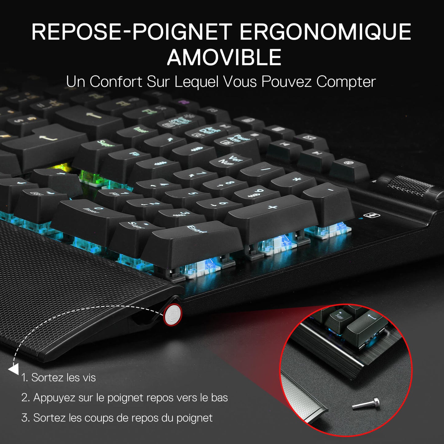 Mechanical keyboard with an adjustable wrist rest on a dark background