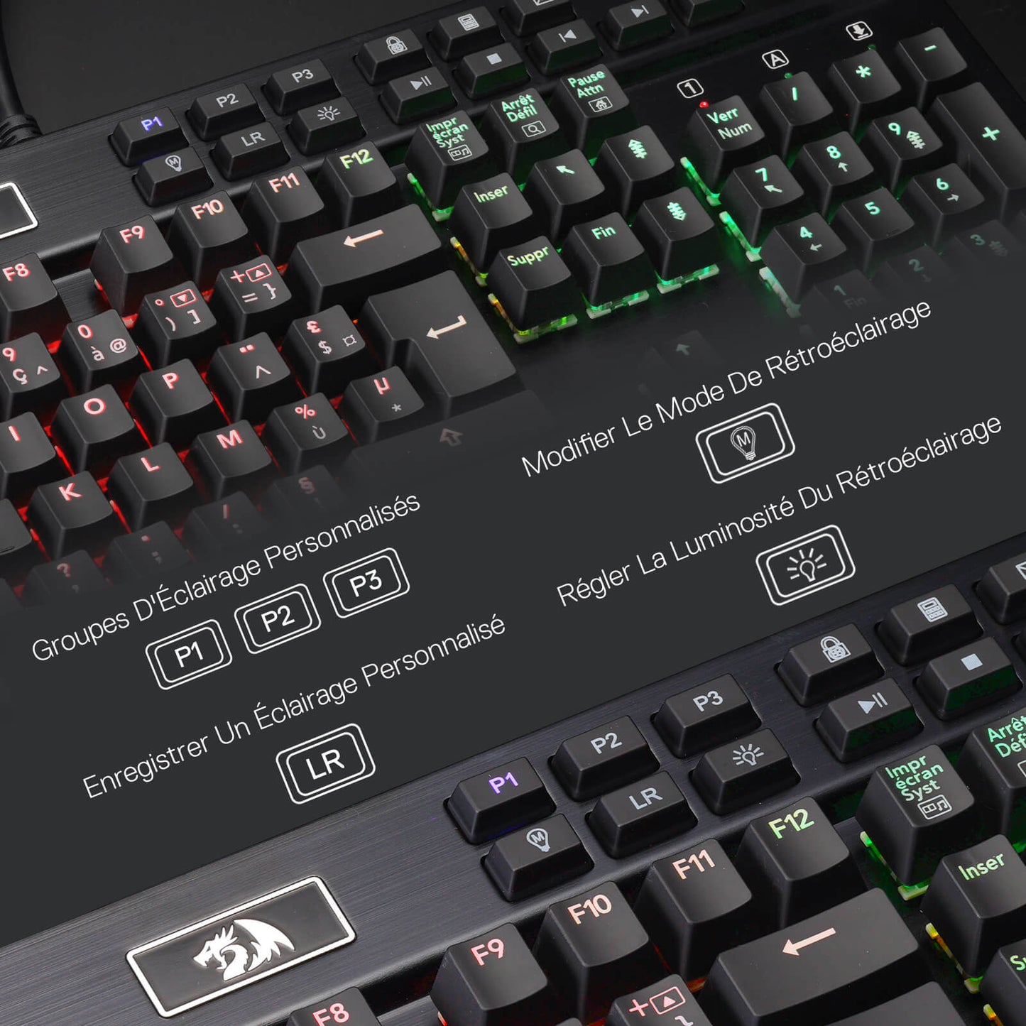 Close-up of a mechanical keyboard with customizable lighting options displayed.