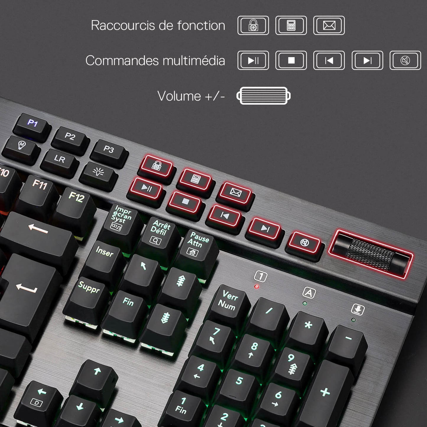 Keyboard with multimedia and function keys on a dark background