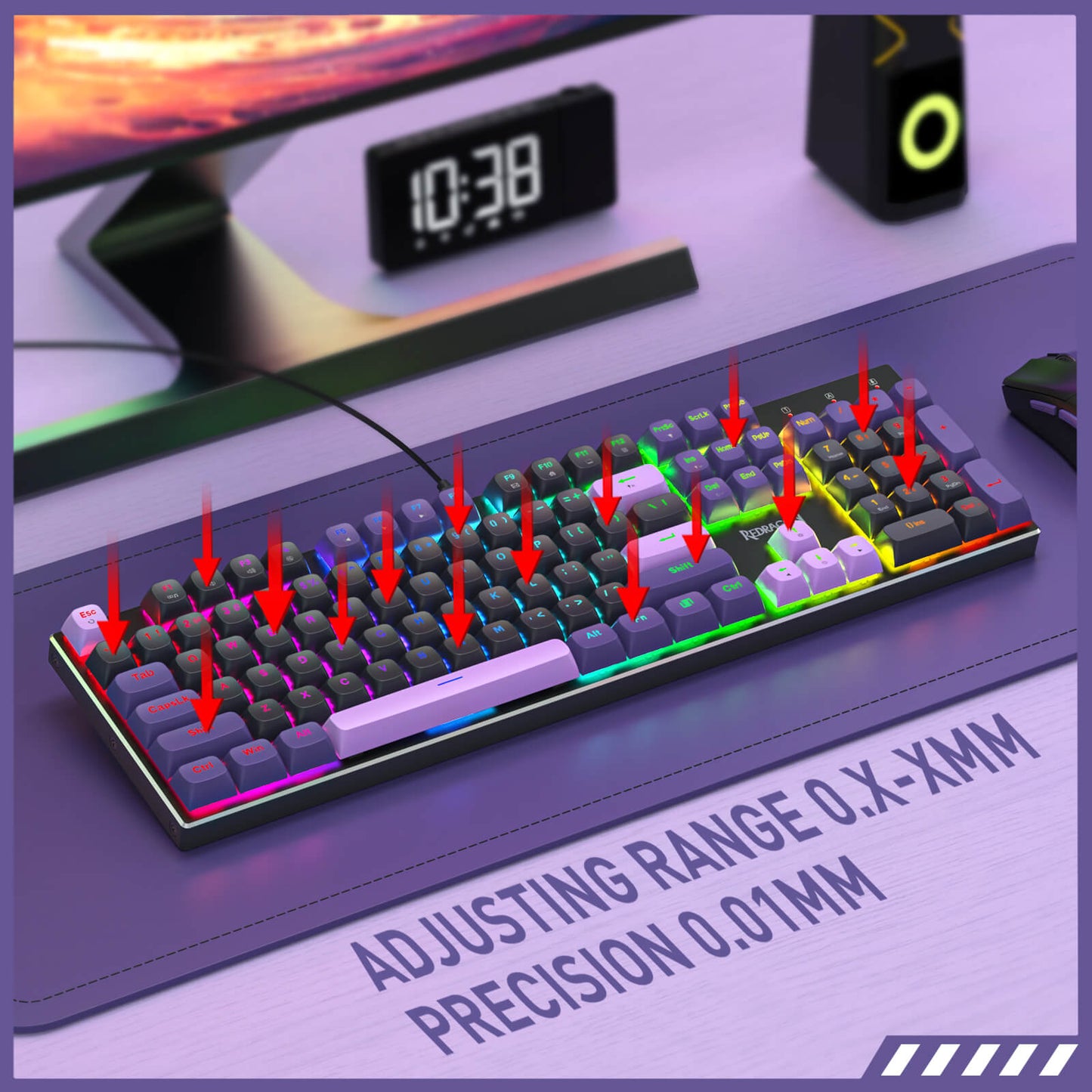 Mechanical keyboard with adjustable keycaps on a desk setup, showing adjusting range and precision details.