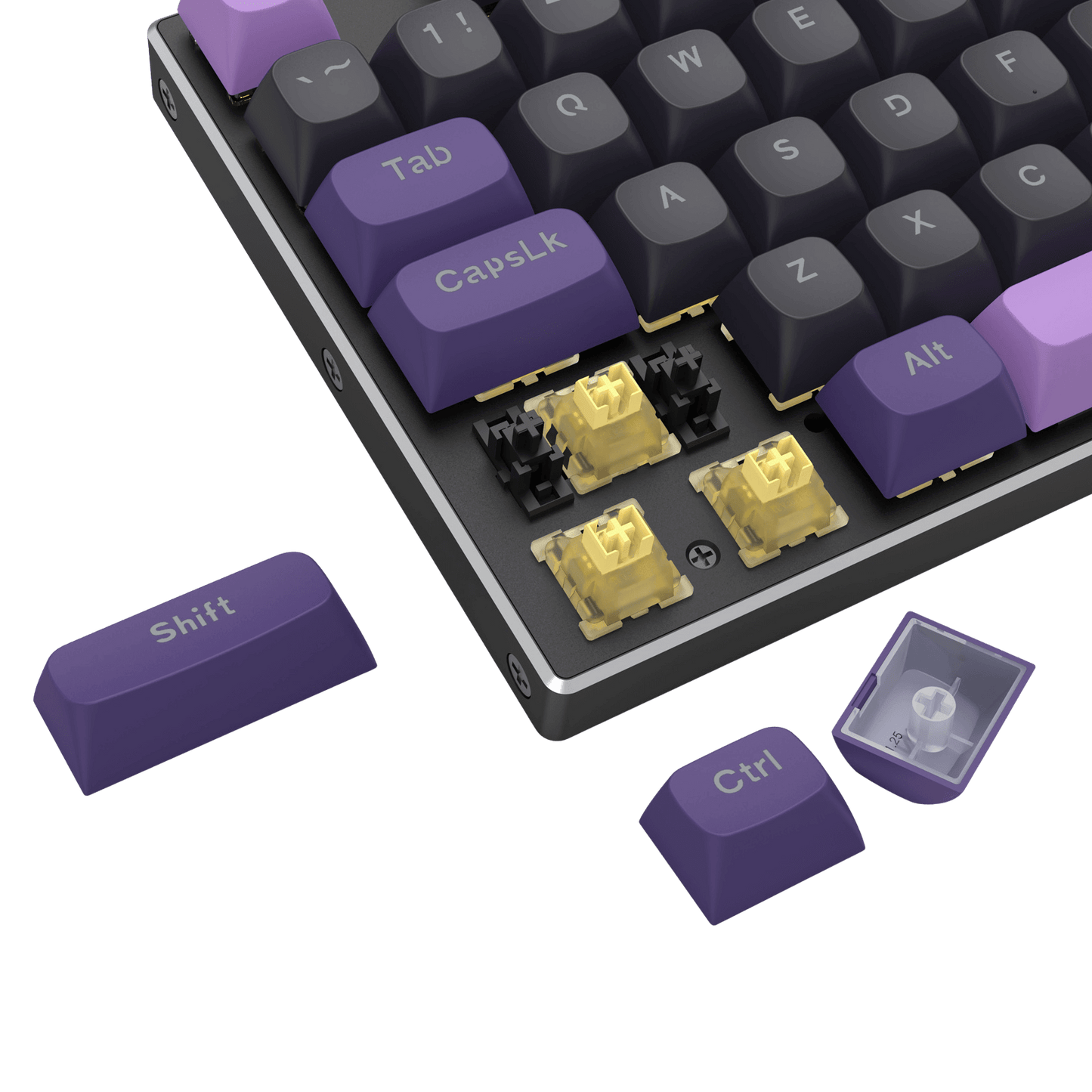 Close-up of a mechanical keyboard with purple keys and visible switch mechanisms.