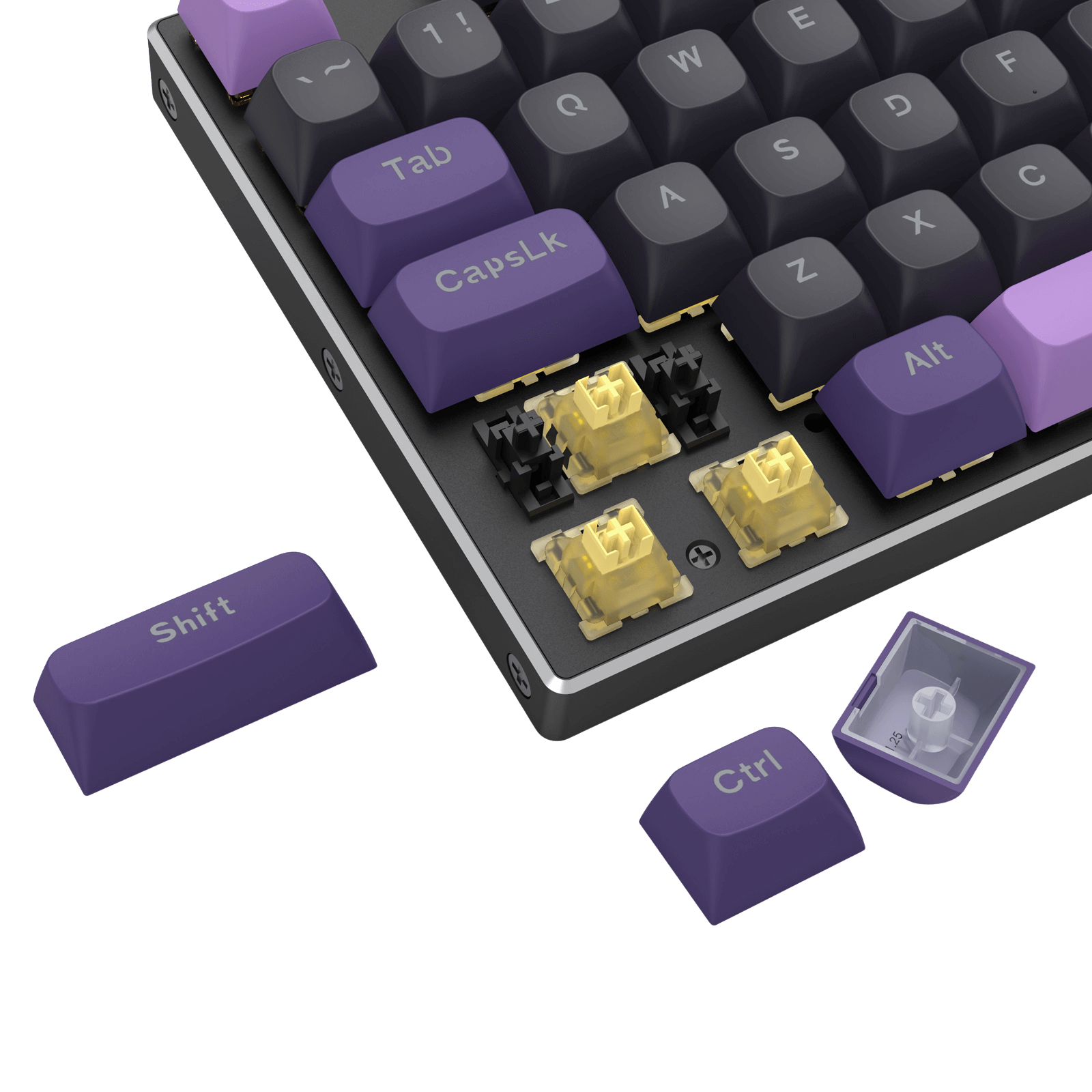 Close-up of a mechanical keyboard with purple keys and visible switch mechanisms.