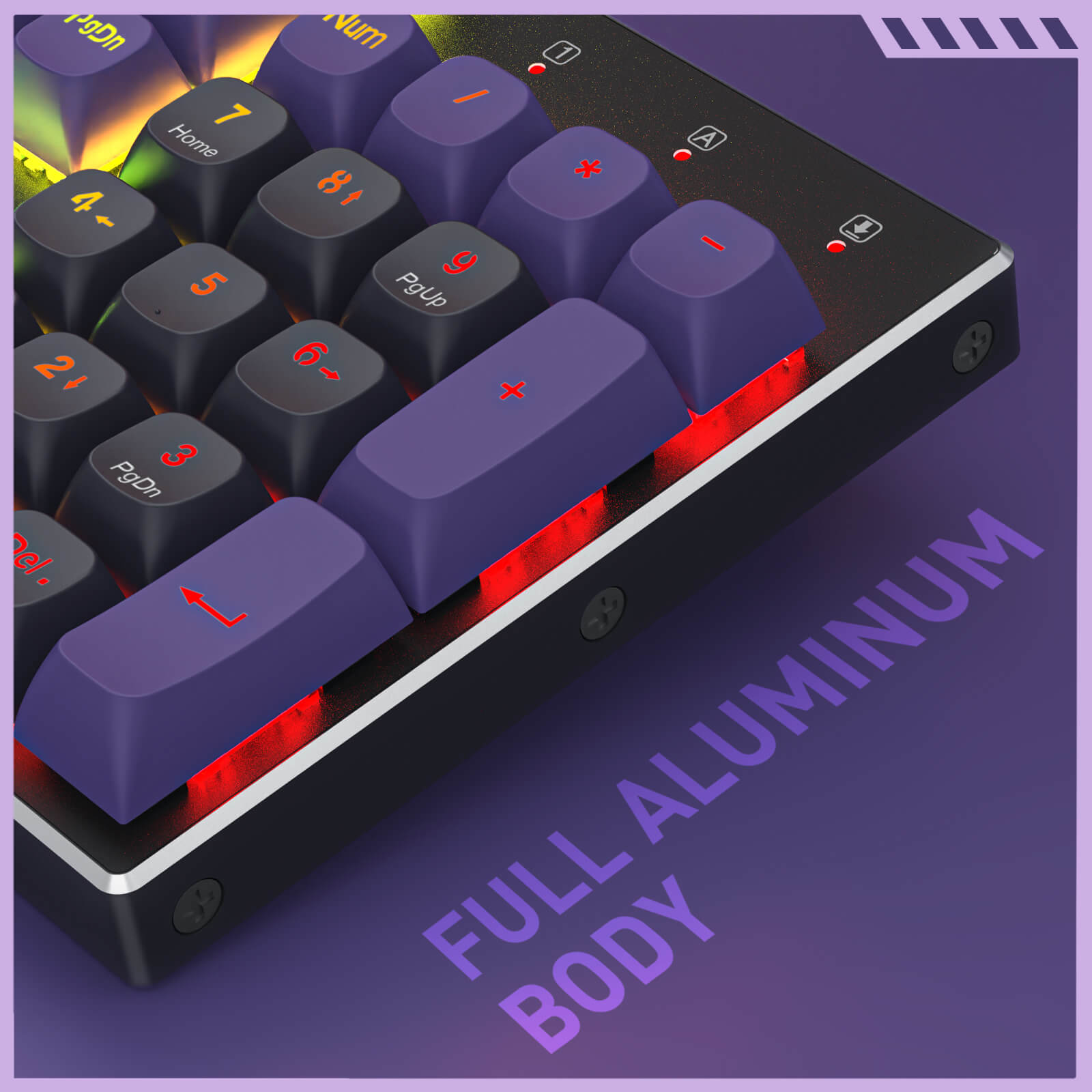 Mechanical keyboard with purple keys on a purple background, highlighting 'Full Aluminum Body'.