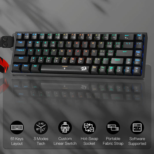 Redragon K631 PRO 65% 3-Mode Wireless RGB Gaming Keyboard, 68 Keys Hot-Swappable Compact Mechanical Keyboard w/Hot-Swap Free-Mod PCB Socket & Portable Strap, Custom Dragon Chant Linear Switch