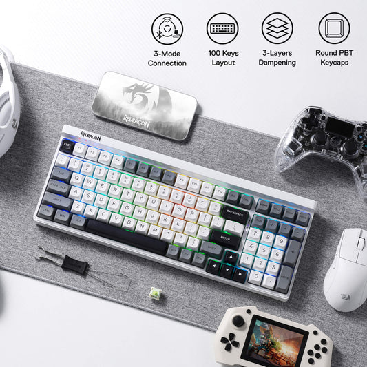 Redragon K656 PRO 3-Mode Wireless RGB Gaming Keyboard, 100 Keys Mechanical Keyboard w/Hot-Swappable Socket, 3 Noise Dampening Layers, PBT Round Keycaps & Custom Linear Switch, Moondust Gray