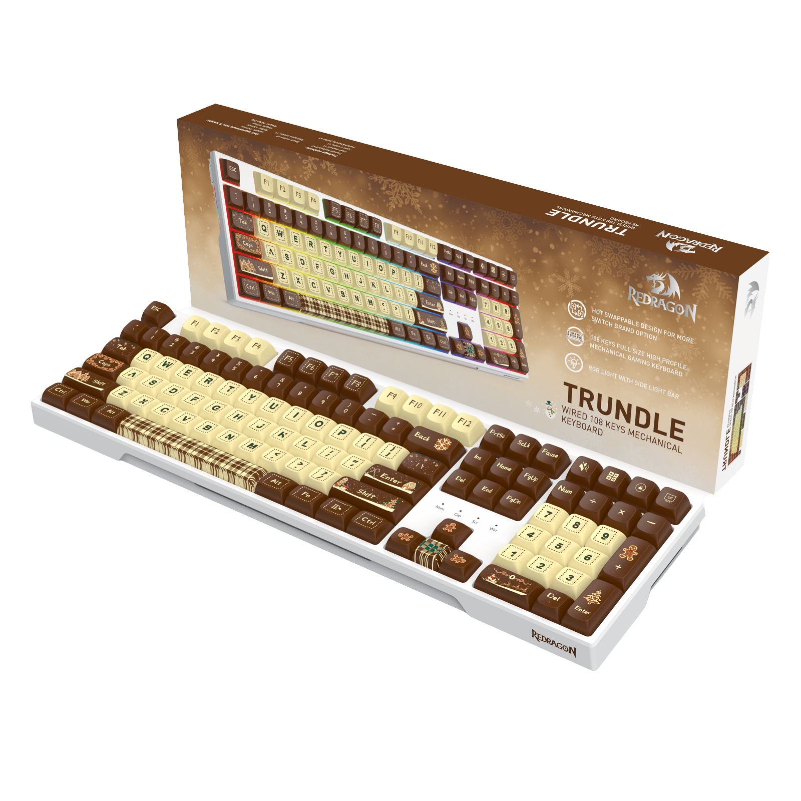 Redragon K668 Xmas Wired Gasket RGB Gaming Keyboard, 108 Keys Mechanical Keyboard w/Extra 4 Hotkeys, Upgraded Hot-swappable Socket, Sound Absorbing Foam, Christmas Gingerbread Man Themed Cute Keycaps