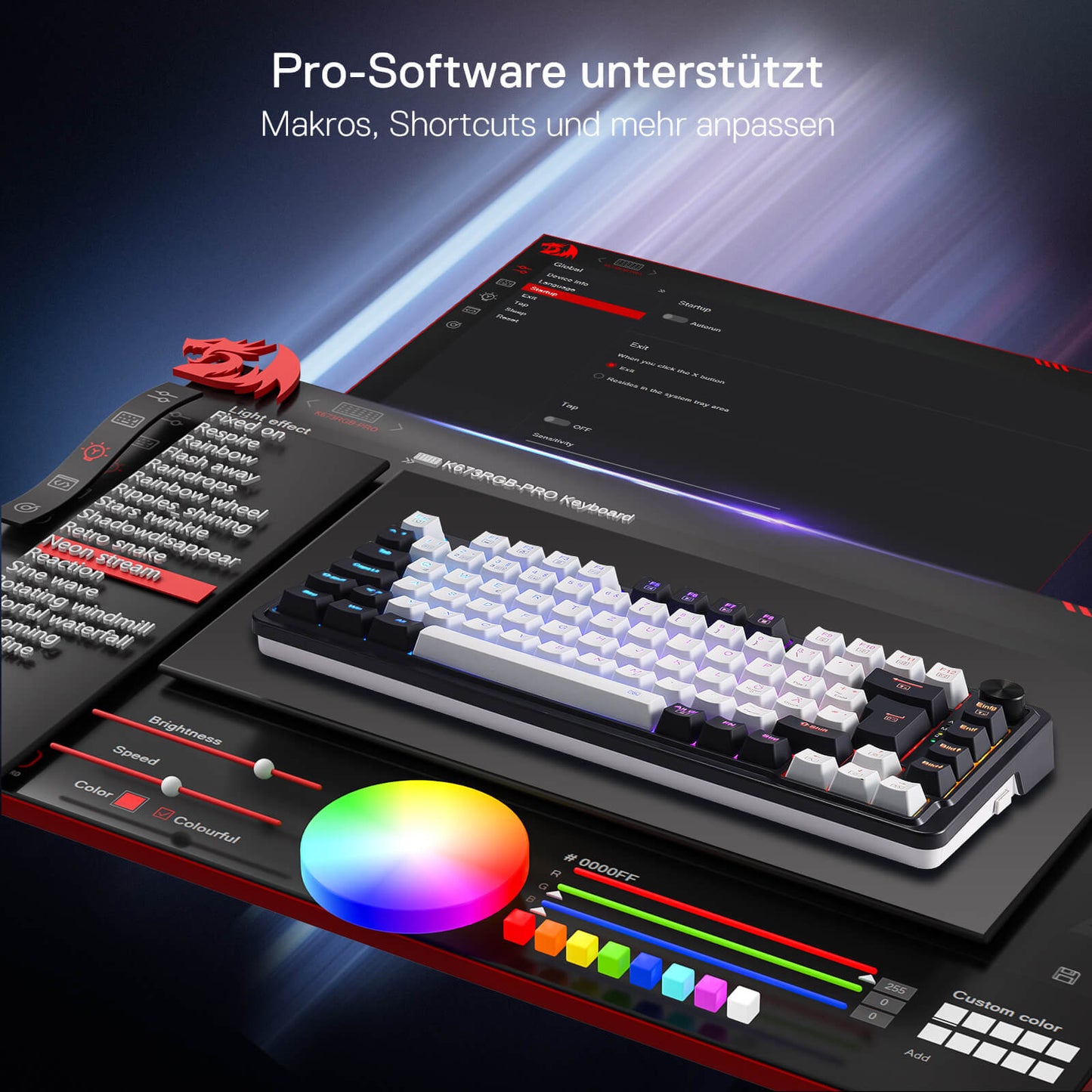 Redragon K673 PRO Kabellose QWERTZ DE Gaming-Tastatur, Gasket Struktur 75% kompaktes Design 82 Tasten Hot-Swap-Rote Schalter Mechanische Tastatur mit Knopf RGB-Beleuchtung, 2.4G/BT/Type-C Verbindungen