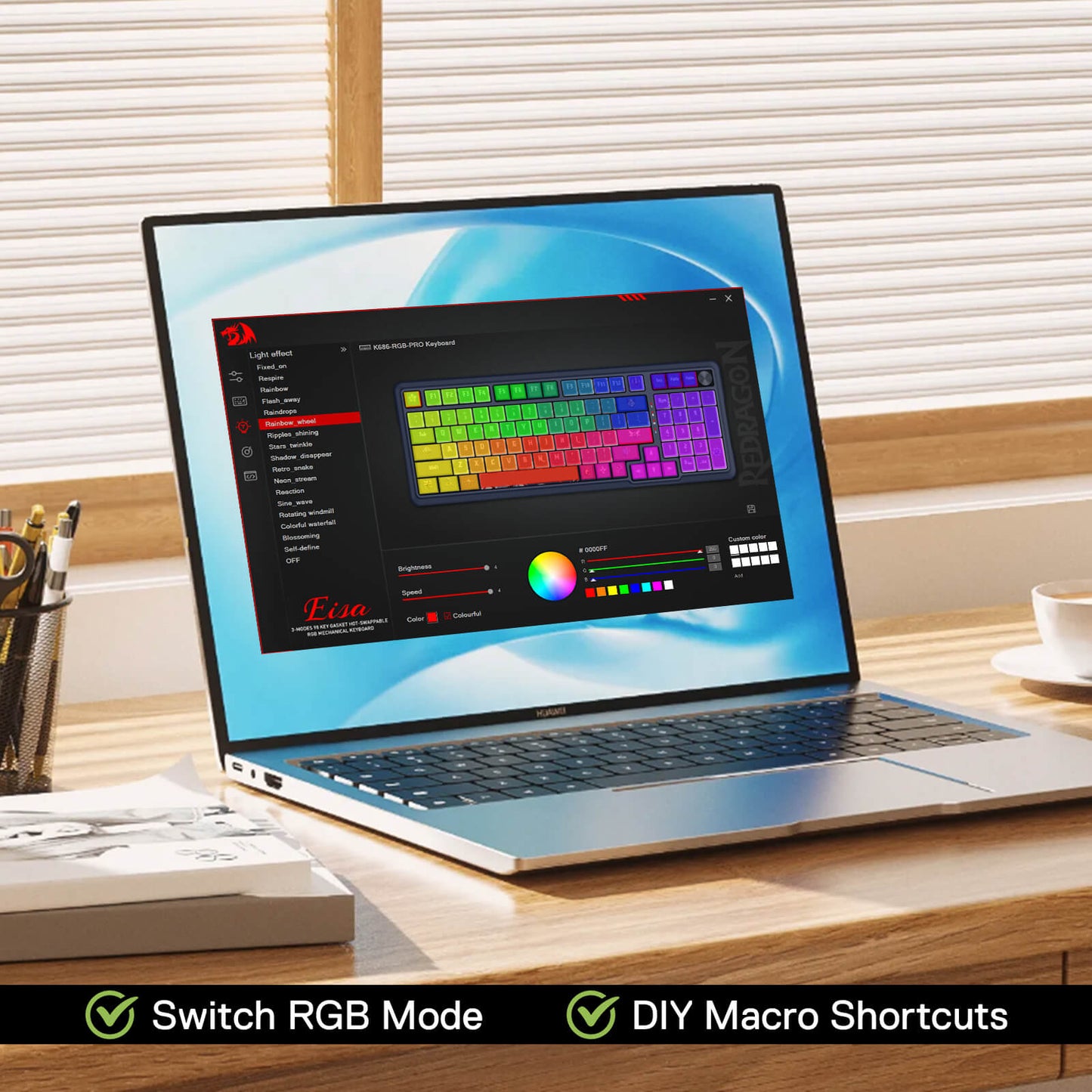 The software for Redragon K686 PRO 98 Keys Wireless Gasket RGB Gaming Keyboard adjusts RGB Lighting Effects and DIY Macro Shortcuts