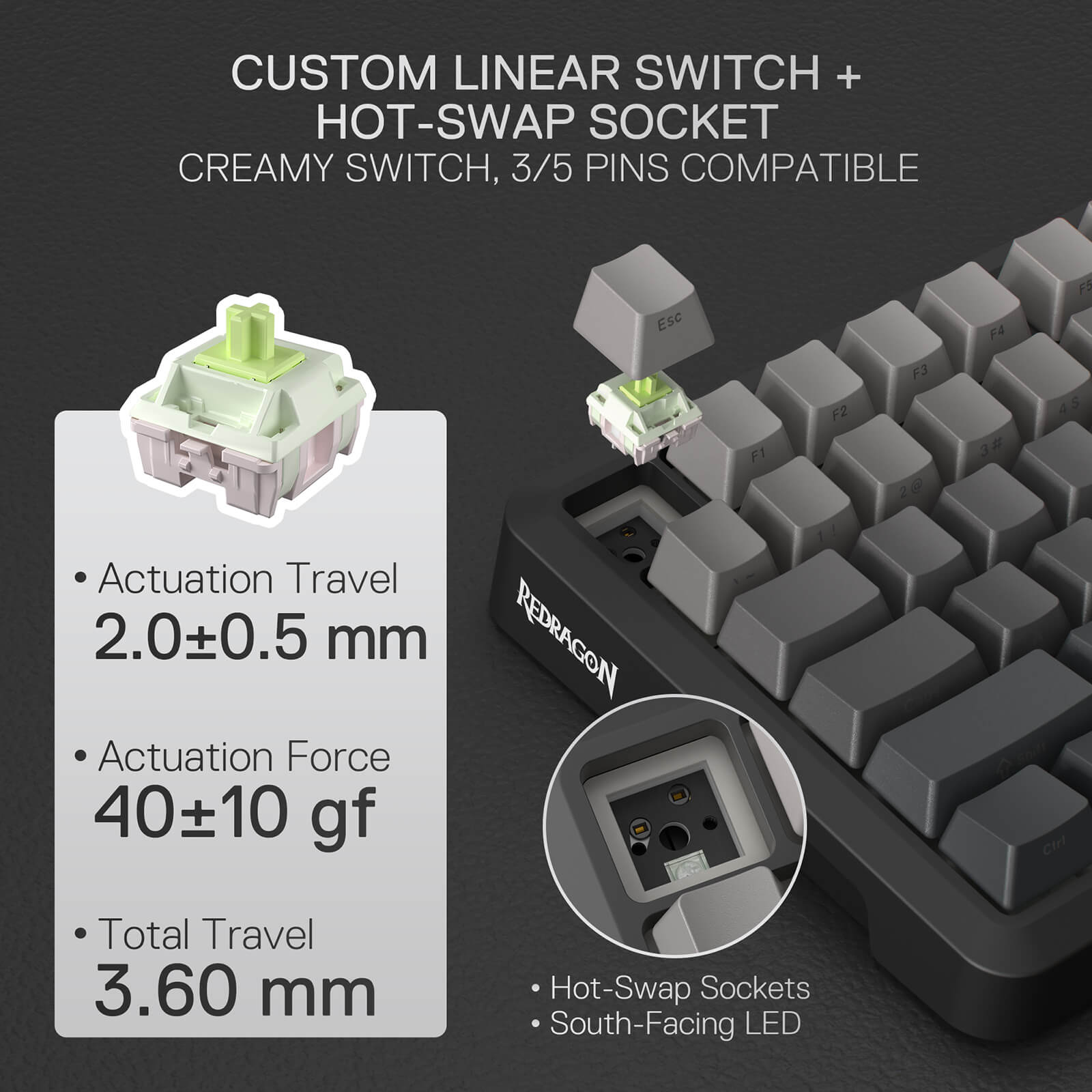 Keyboard switch with technical specifications on a dark background