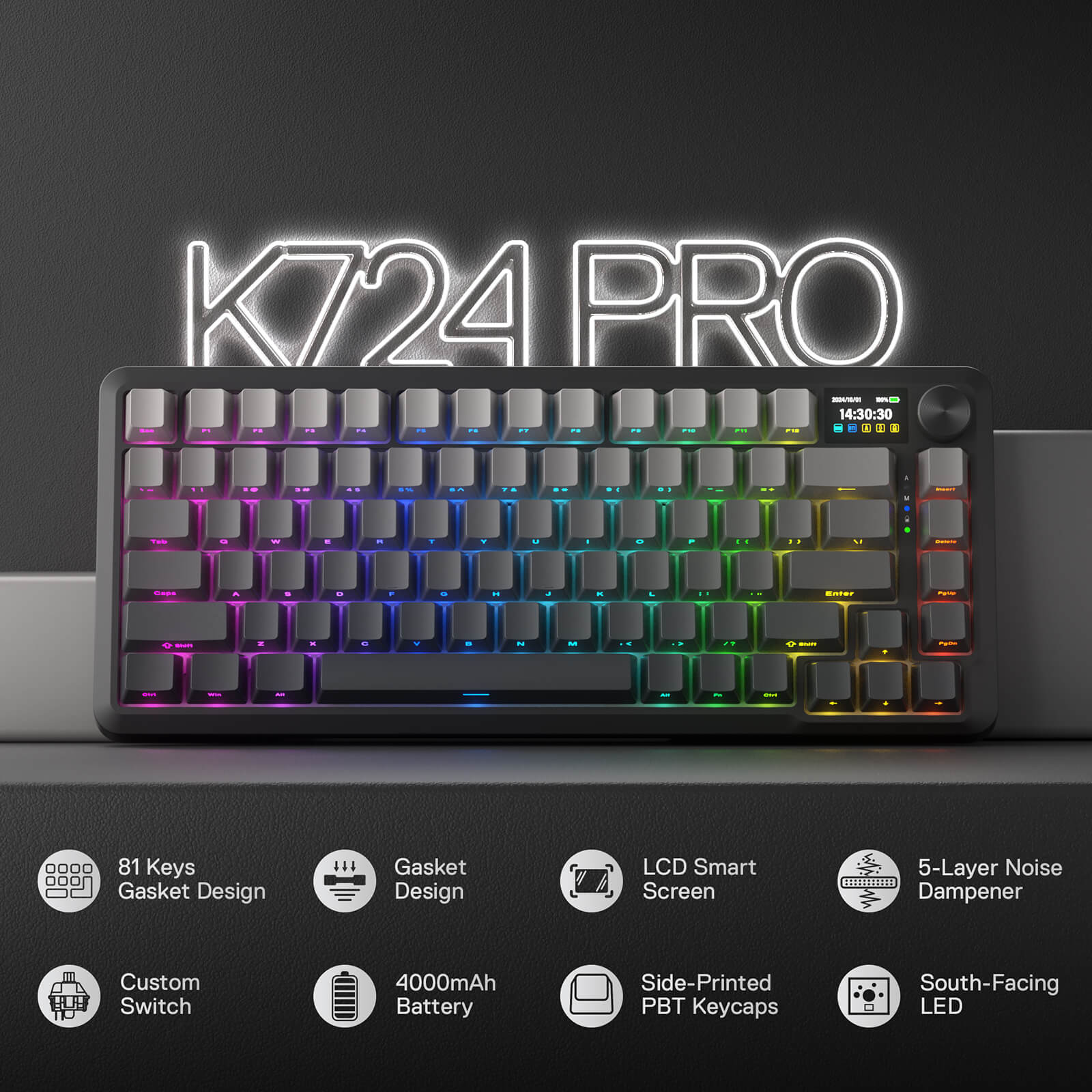 Mechanical keyboard with RGB lighting on a dark background, featuring the 'K724 PRO' model.