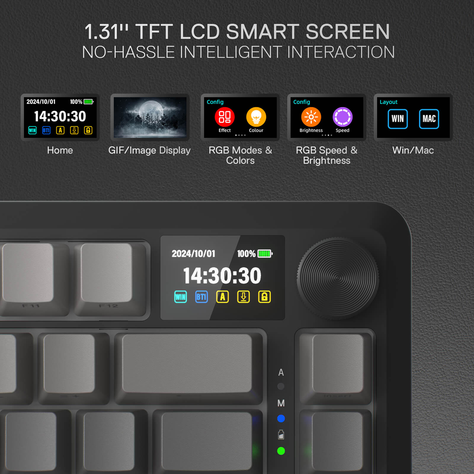 Control panel with TFT LCD smart screen displaying various functions on a dark background.
