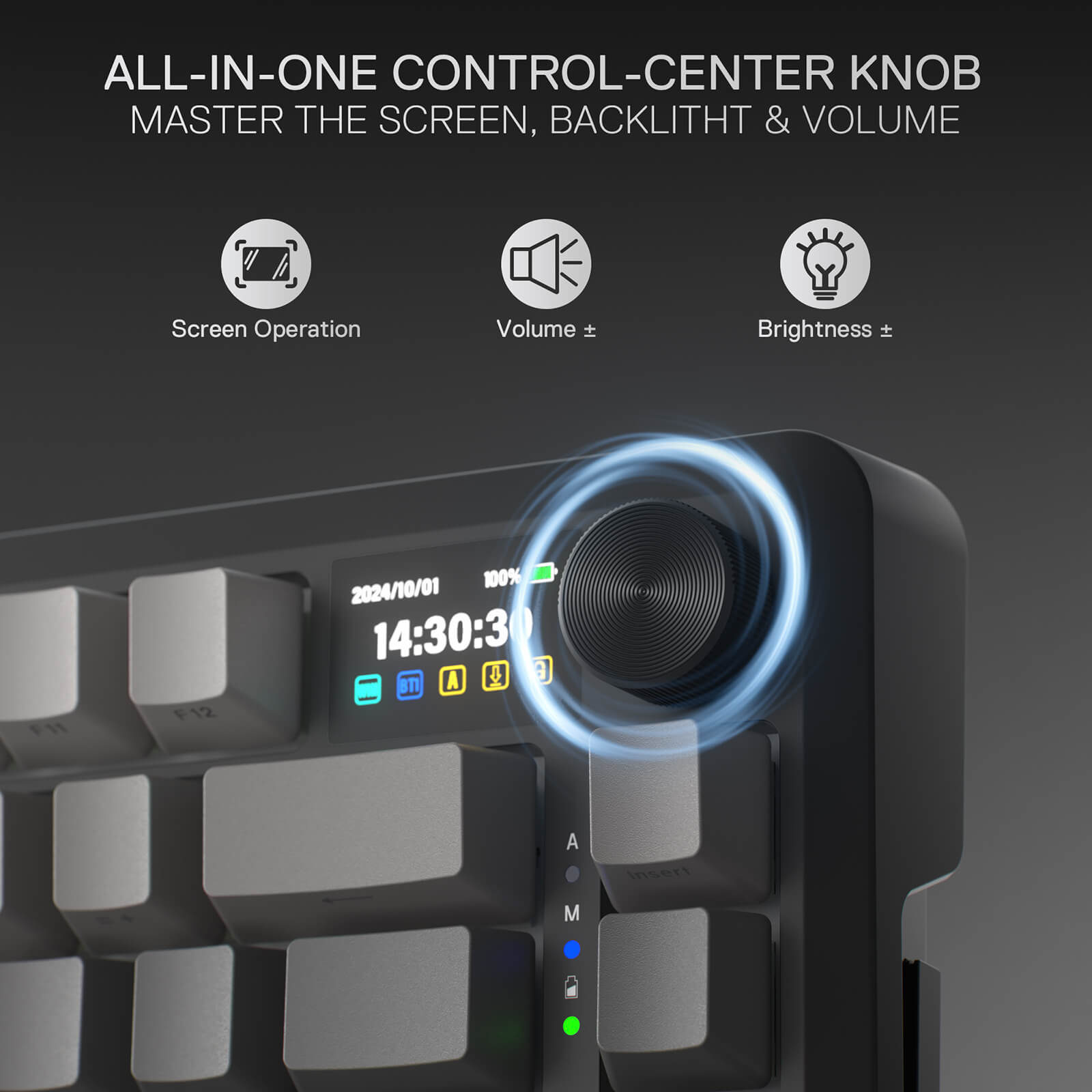 All-in-one control center knob for screen operation, volume, and brightness on a device interface.