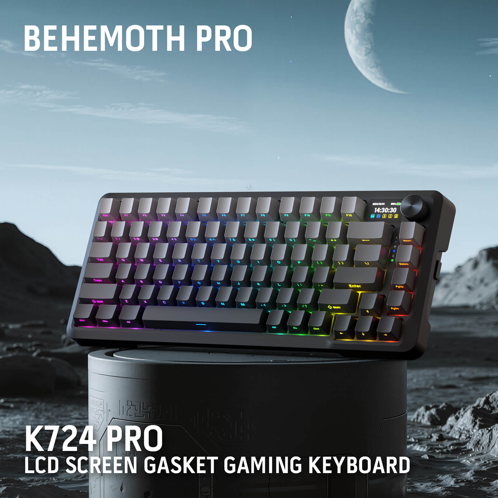 Gaming keyboard with colorful backlighting on a moonlit landscape background