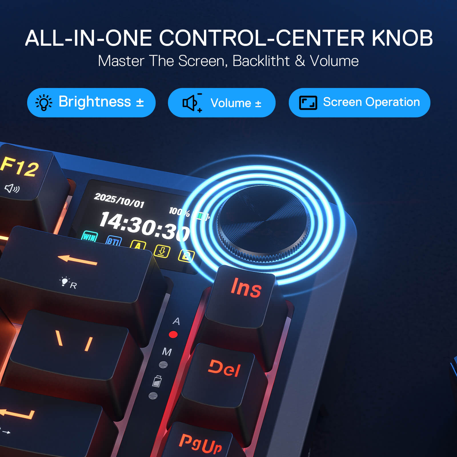 Keyboard with a central control knob for brightness, volume, and screen operation on a dark background.
