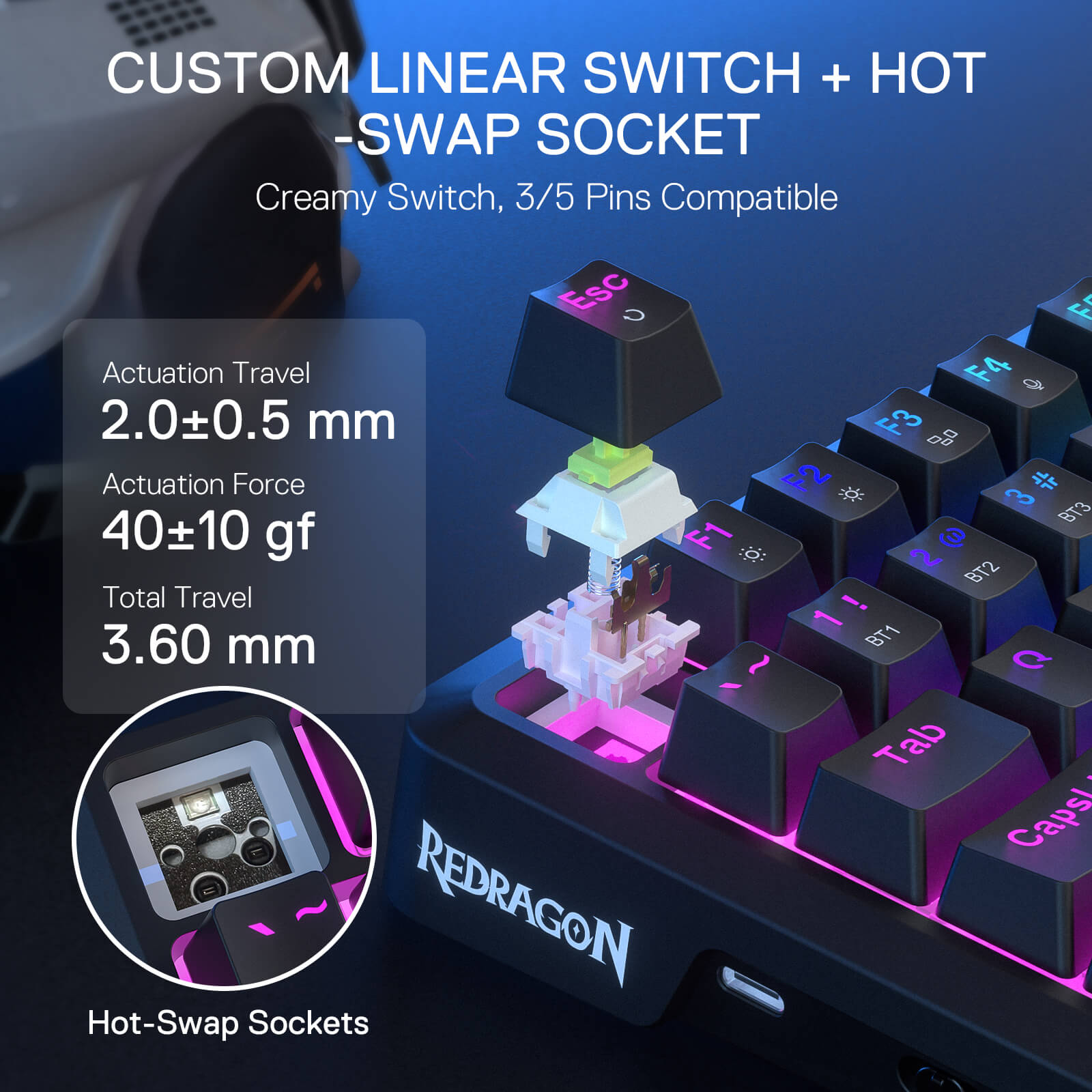 Mechanical keyboard with custom linear switch and hot-swap socket features, featuring Redragon branding.