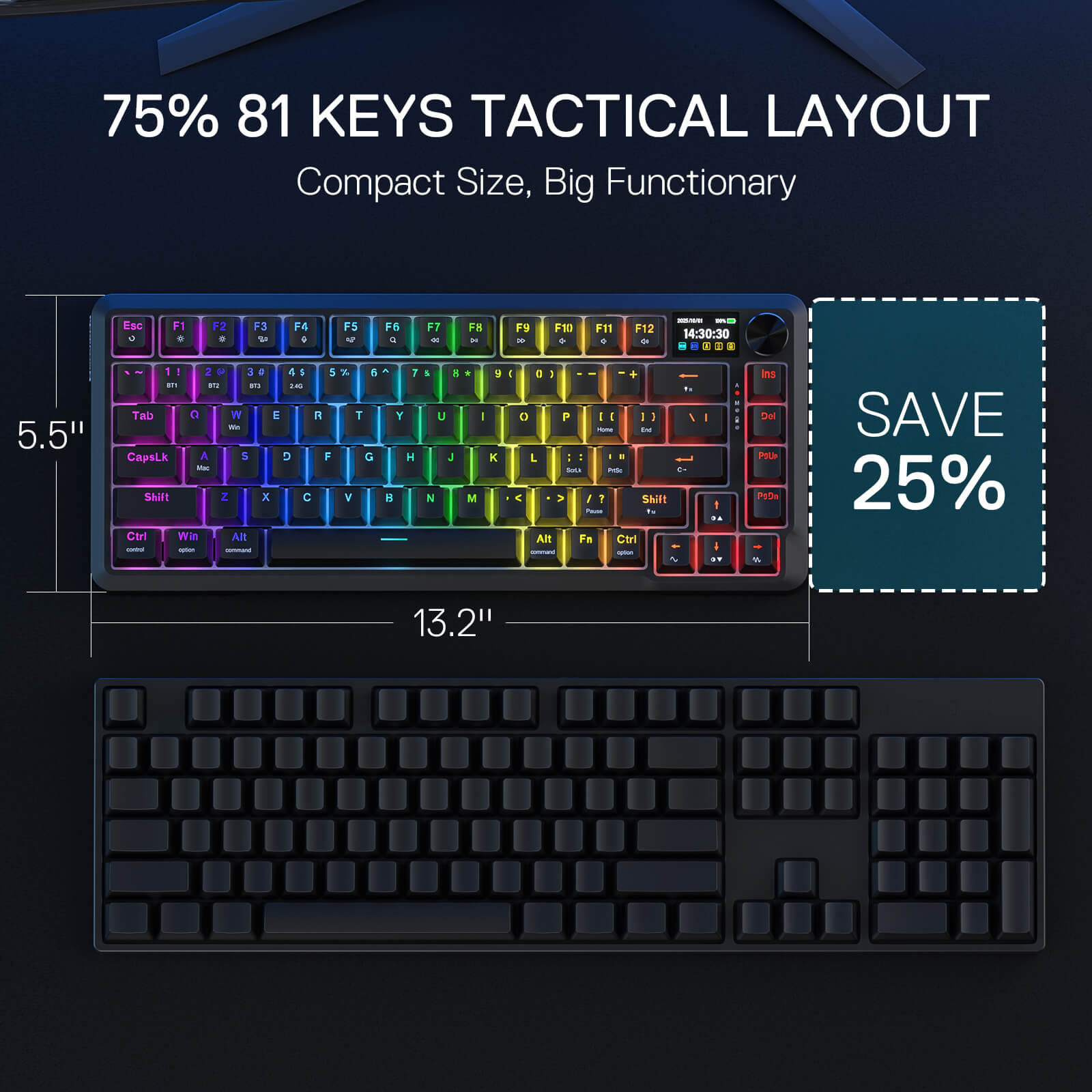 Keyboard with 75% 81 keys tactical layout on a dark background