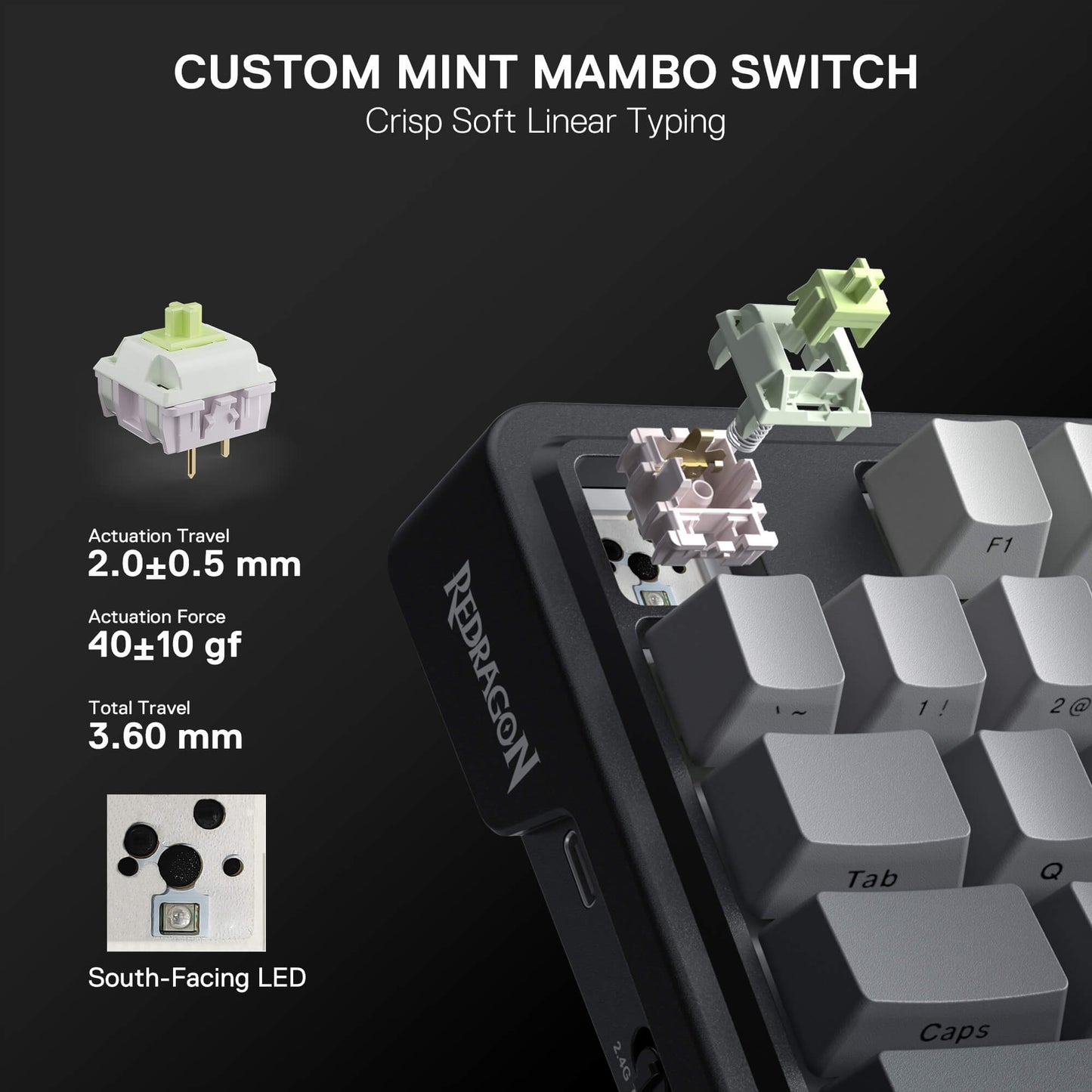 Redragon custom mint mambo switch with keyboard and technical specifications on a dark background