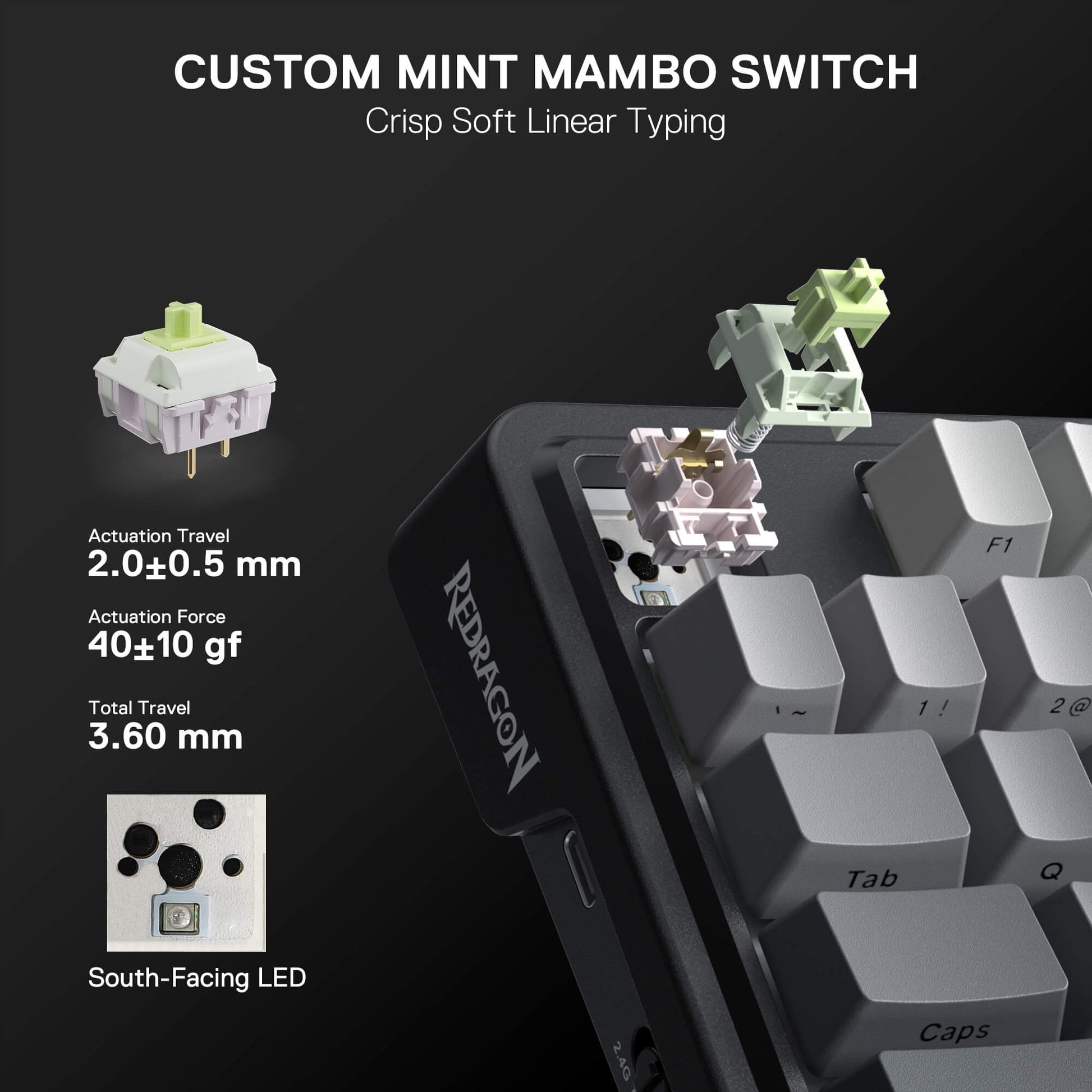 Redragon custom mint mambo switch with keyboard and technical specifications on a dark background