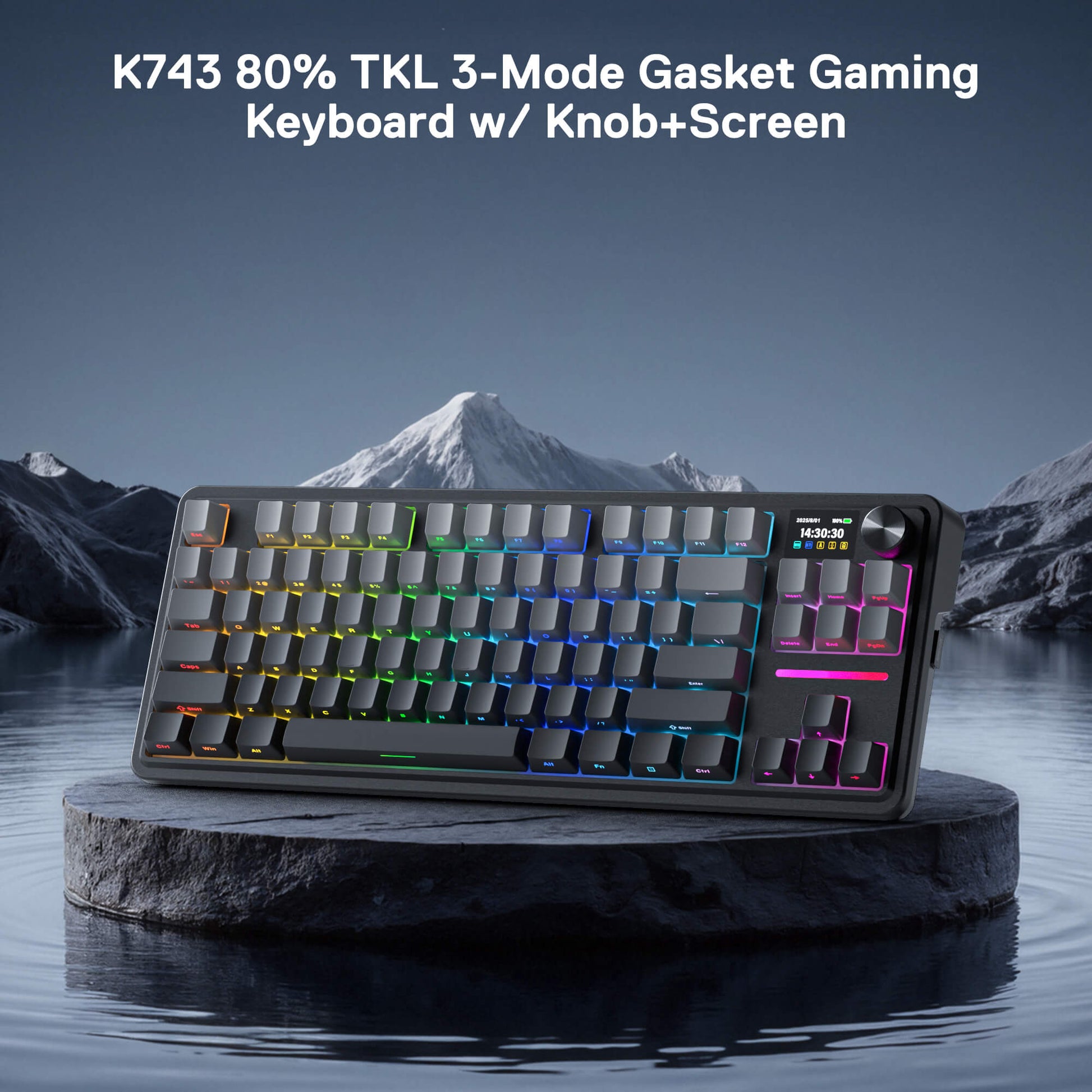 Gaming keyboard with RGB backlighting on a stone platform with mountain and water background