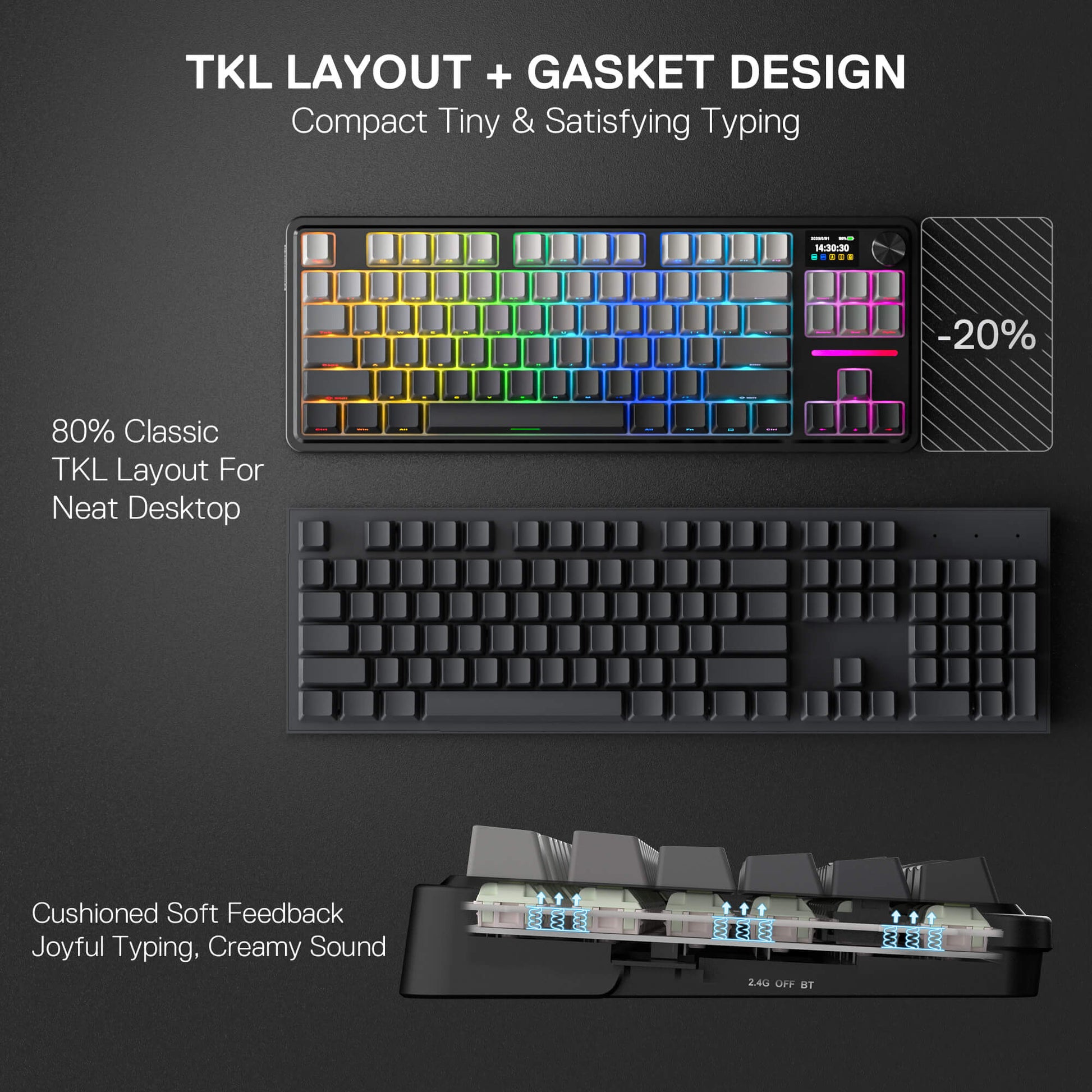 Mechanical keyboard with TKL layout and gasket design on a dark background